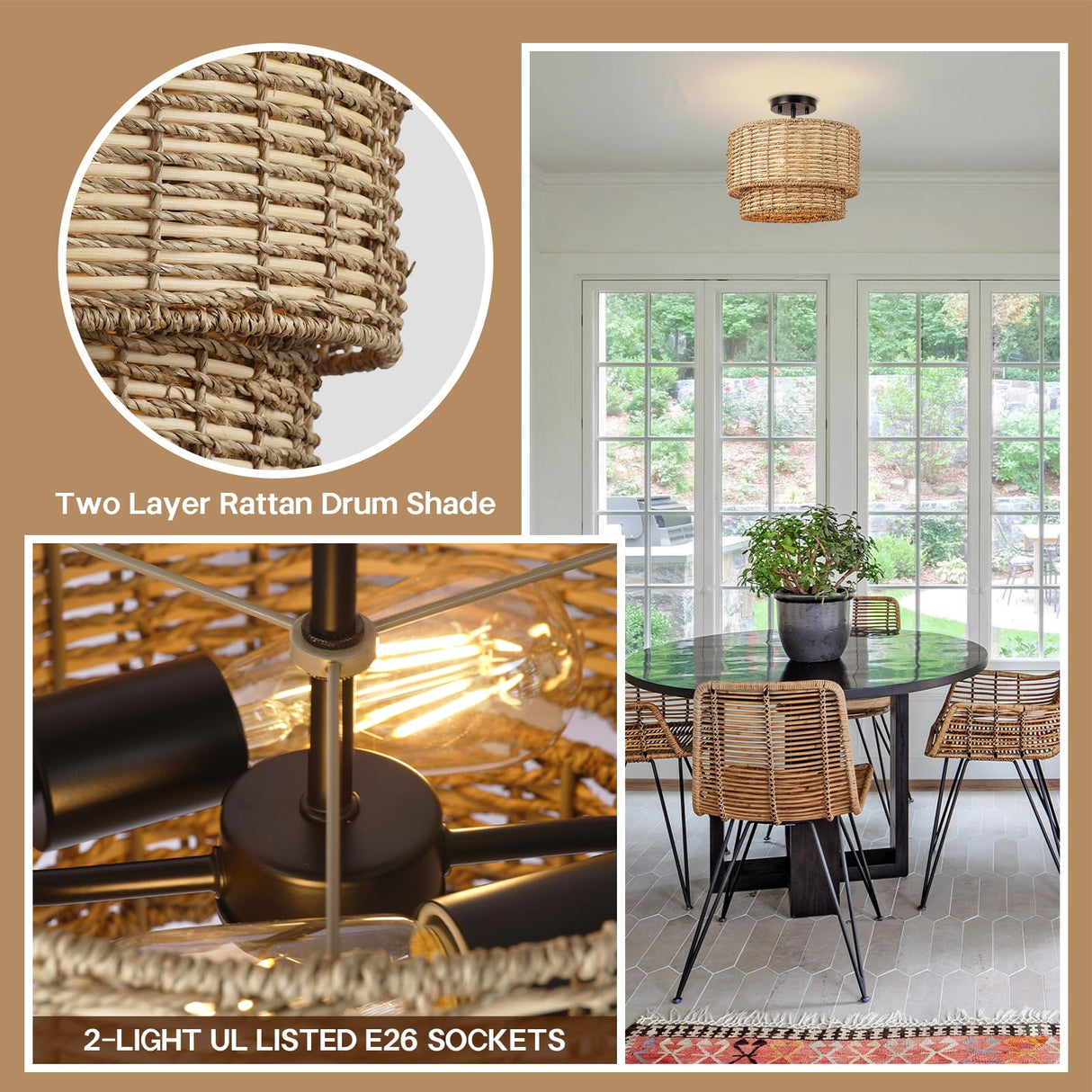 13" Woven Rattan-Style Boho Light Fixture Ceiling Mount,Farmhouse Rattan Semi Flush Mount Ceiling Light,Nursery Light Fixture With 2-Tier Drum Shade,Wicker Flush Ceiling Light for Bedroom Entryway Hermasgi