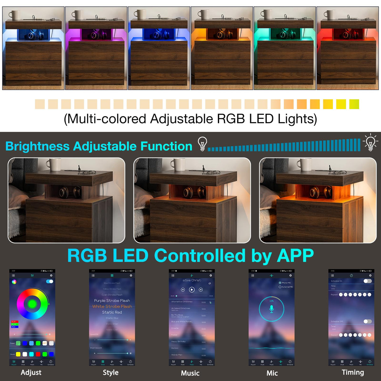 HOMMPA LED Nightstand with Wireless Charging Station Dark Walnut Wood Bedside Table with Led Light Smart Nightstand USB Port Type C Night Table with 2 Drawers Mid Century LED Night Stand for Bedroom HOMMPA