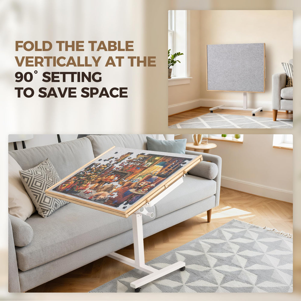 ropoda 1500 PCS Jigsaw Puzzle Table with Drawers and Single-Pedestal,35"x 26.8" Angle & Height Adjustable Wooden Puzzle Borad with 6 Drawers &Cover& 4 Roller Wheels ropoda