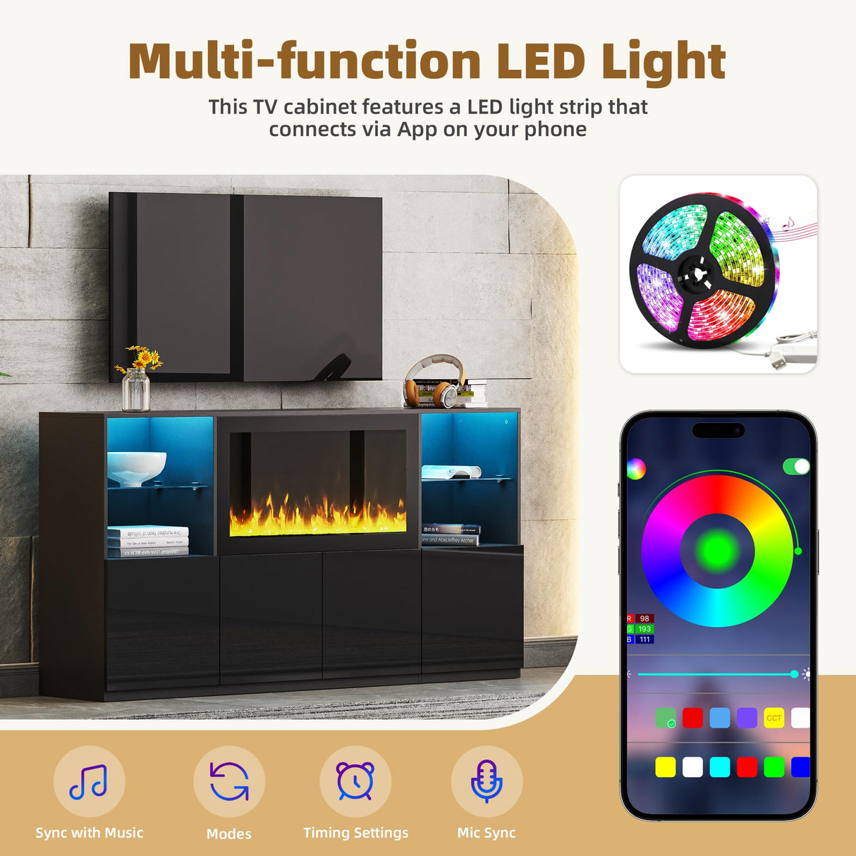 Merax High Gloss TV Stand with 34.2" Non-Heating Electric Fireplace, Modern LED Entertainment Center & Two Tall Pantry Cabinets and Tempered Glass Shelves, Media Console Set for TVs up to 75", Black Merax