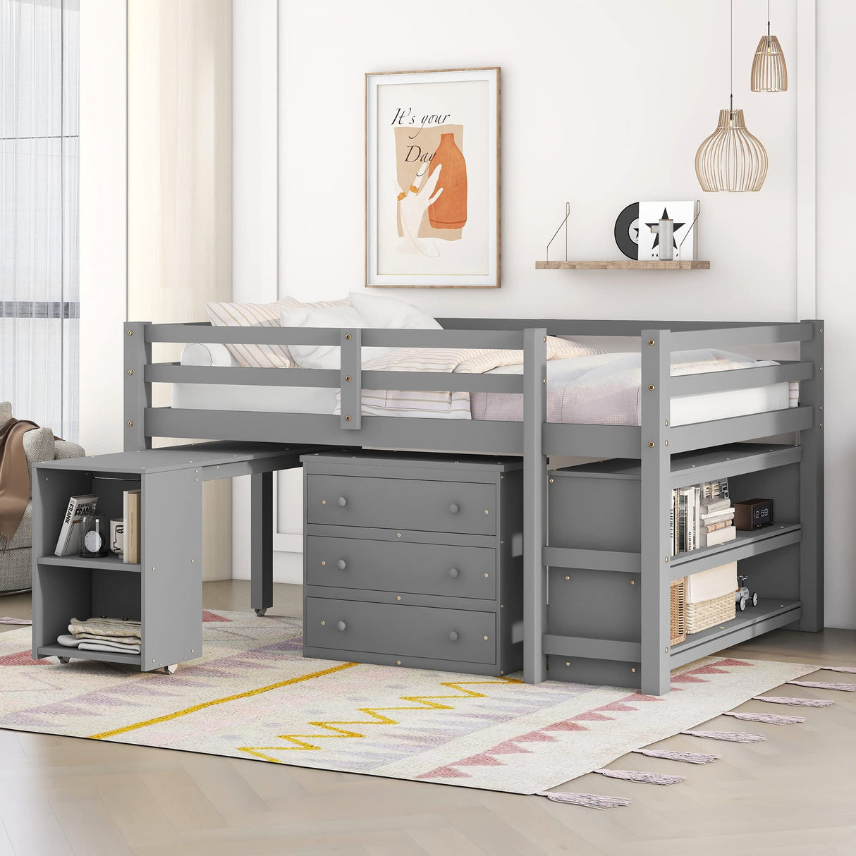 Low Loft Bed Full Size with Desk and Storage, Solid Wood Low Loft Bed Frame with Cabinet, Shelves and Rolling Portable Desk, Multiple Functions Loft Bed Frame for Kids Teens Adults (Gray) Harper & Bright Designs