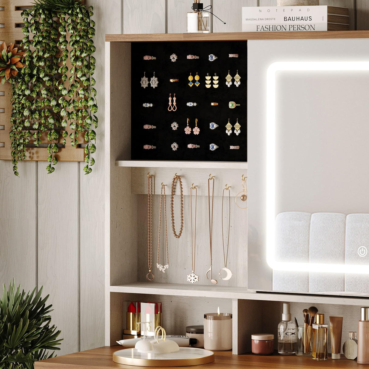 Halitaa Farmhouse Vanity Desk with Mirror and Lights,White Makeup Vanity with 5 Drawers & Hidden Storage,Rustic Large Dressing Table with Charing Station & Shelves for Bedroom Halitaa