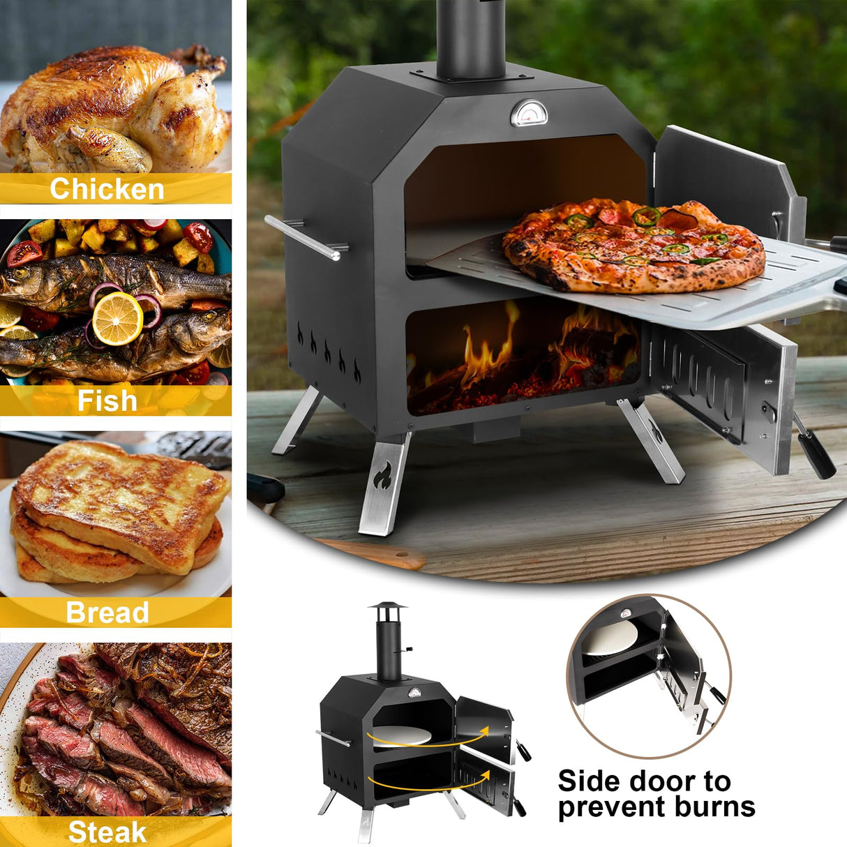 12’’ Outdoor Pizza Oven Wood Fired Pizza Oven Portable Patio Ovens Included Pizza Stone, Pizza Peel, Fold-up Legs, Cover Cooking Rack for Camping Backyard BBQ Polar Aurora