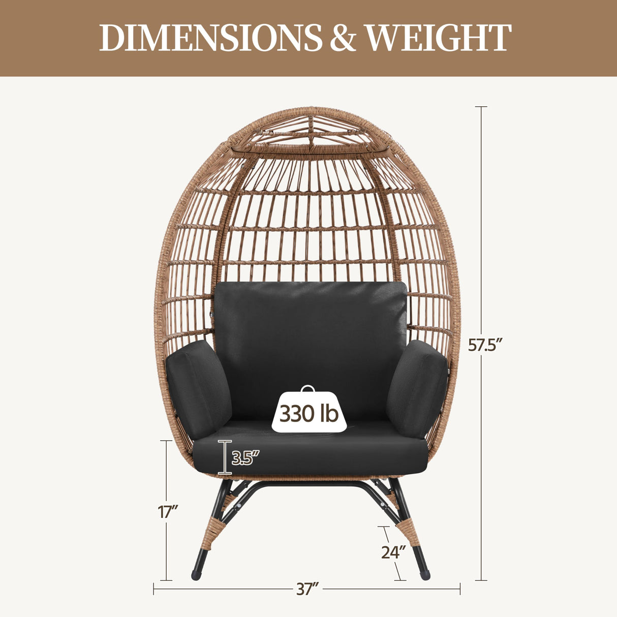 Yaheetech Egg Rattan Chair, Indoor/Outdoor PE Rattan Egg Basket Lounge Chair w/ 4 Cushions, Oversized Egg-Shaped Chair w/Metal Frame Stand for Patio, Backyard, Living Room - Light Brown/Black Yaheetech