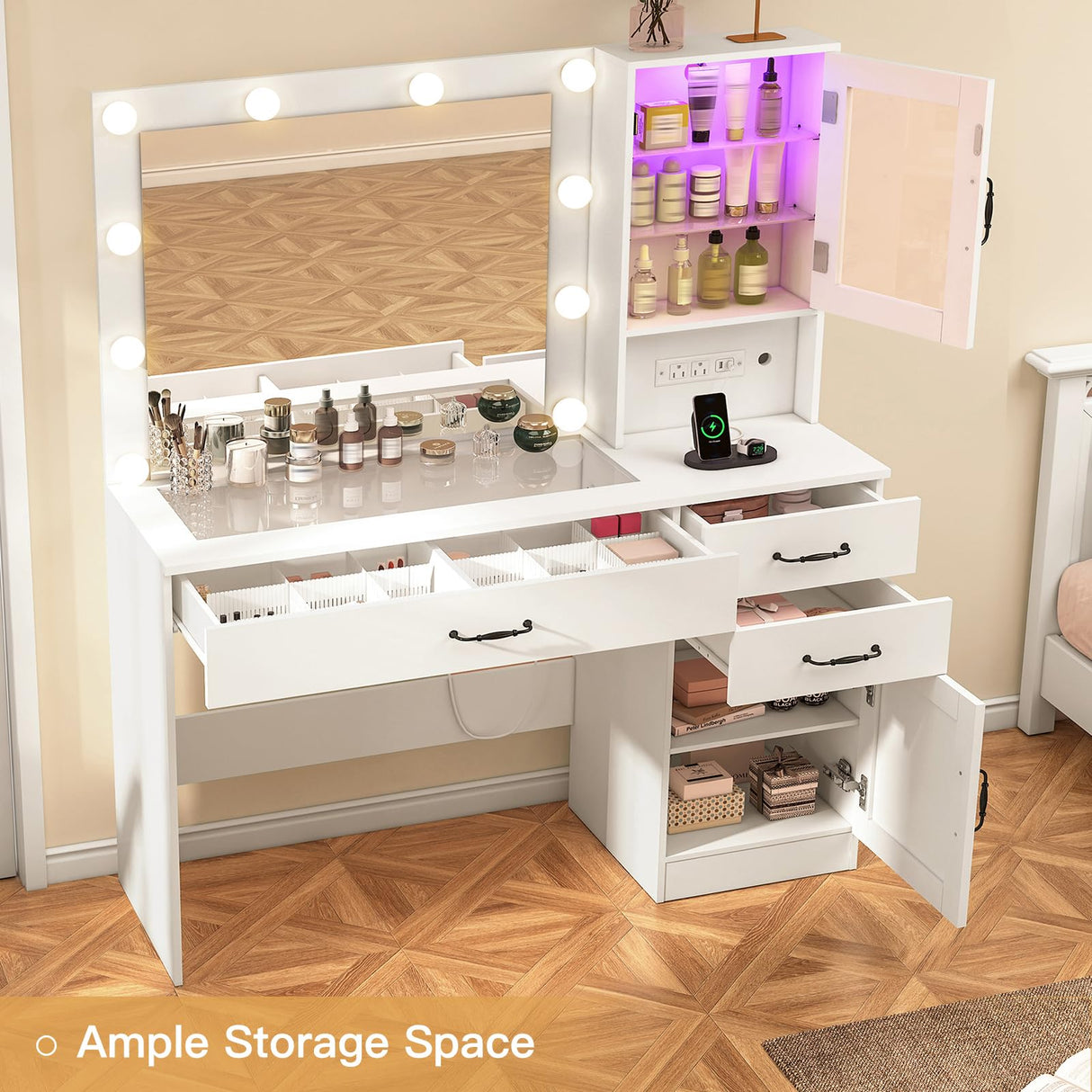 Quimoo Vanity Desk, Makeup Vanity with Lights, Large Mirror Vanity with 3 Drawers and 2 Cabinets, Vanity Table Set with Power Outlet and Glass Tabletop, for Bedroom (White) Quimoo