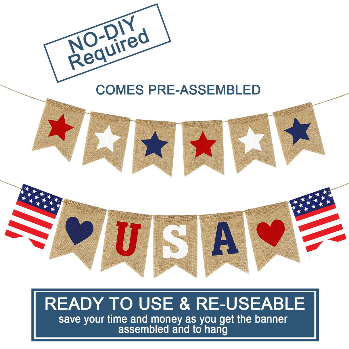 USA Banner Burlap 4th of July Decorations Rustic Patriotic Banner Red White Blue Stars Bunting Garland for President Day 4th of July Party Supplies 4th of July Patriotic Outdoor Indoor hanging Decor Partyprops