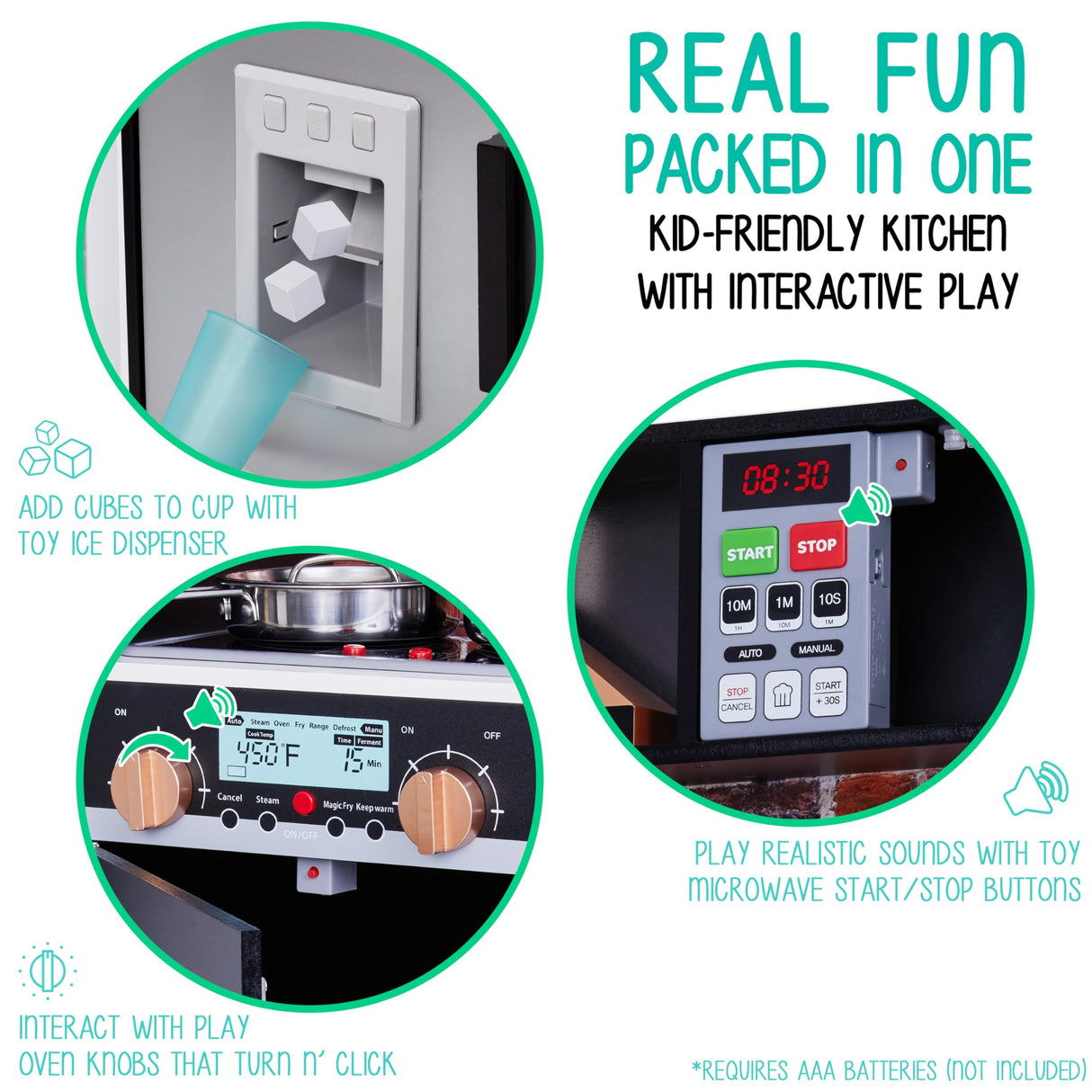 Lil' Jumbl Jumbl Kids Kitchen Set, Pretend Wooden Play Kitchen, Battery Operated Icemaker, Microwave, Range Hood, Stove Top, Oven, with Realistic Sound & Lights, Pots, Pan, & Utensils Included Lil' Jumbl