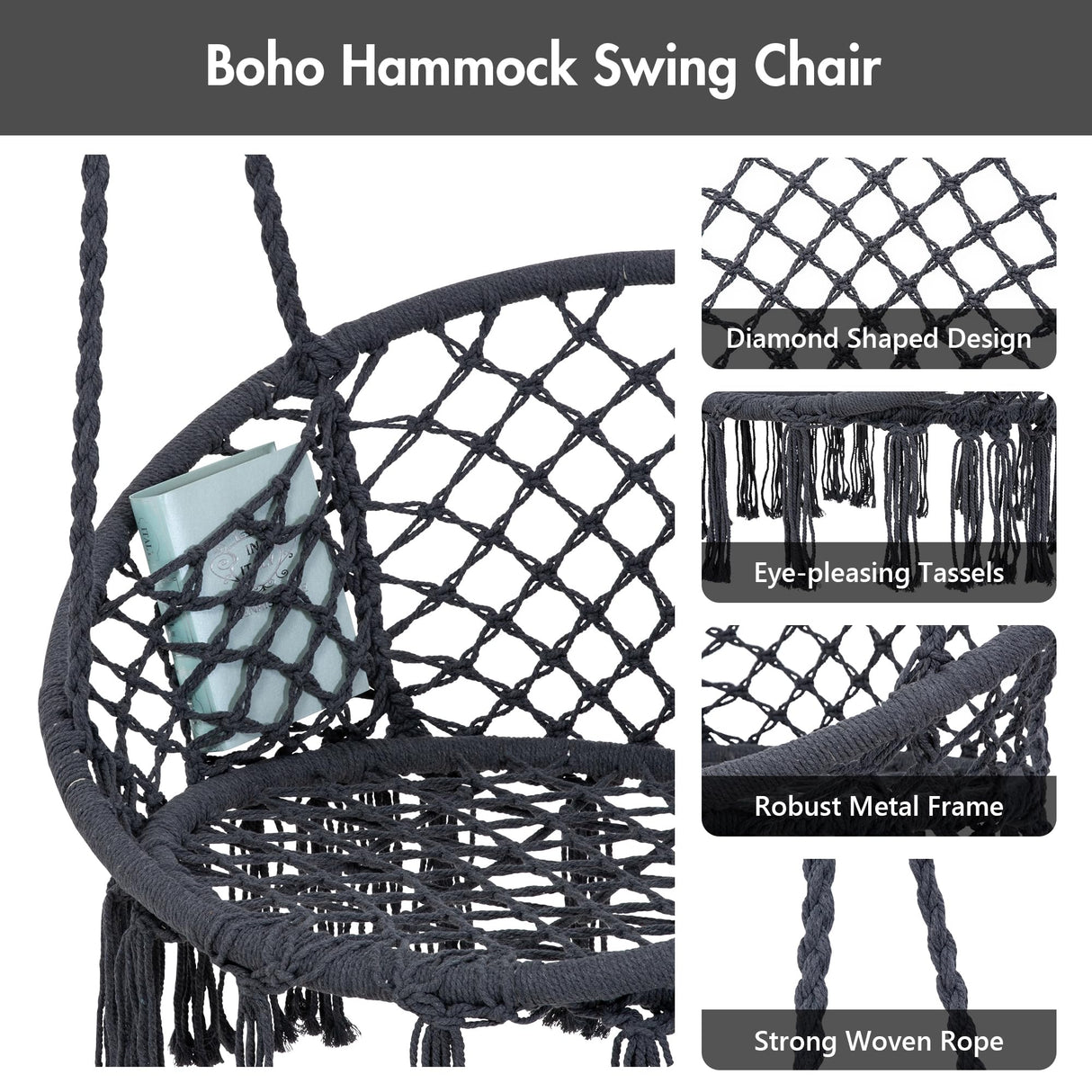 ANOW Hanging Swing Chair with Stand Included, Heavy Duty Hammock Chair with Stand and Removable Padded Cushion, Max 330 Lbs, Dark Grey ANOW