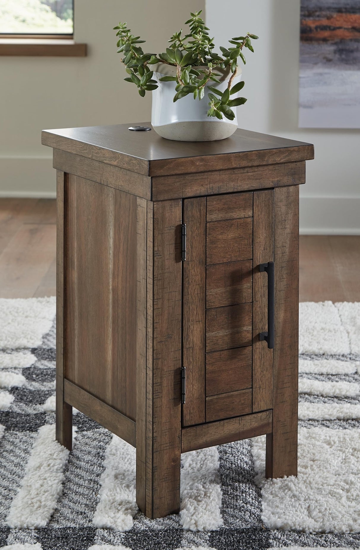 Signature Design by Ashley Moriville Rustic Farmhouse End Table with 1 Cabinet Door and USB Ports, Brown Signature Design by Ashley
