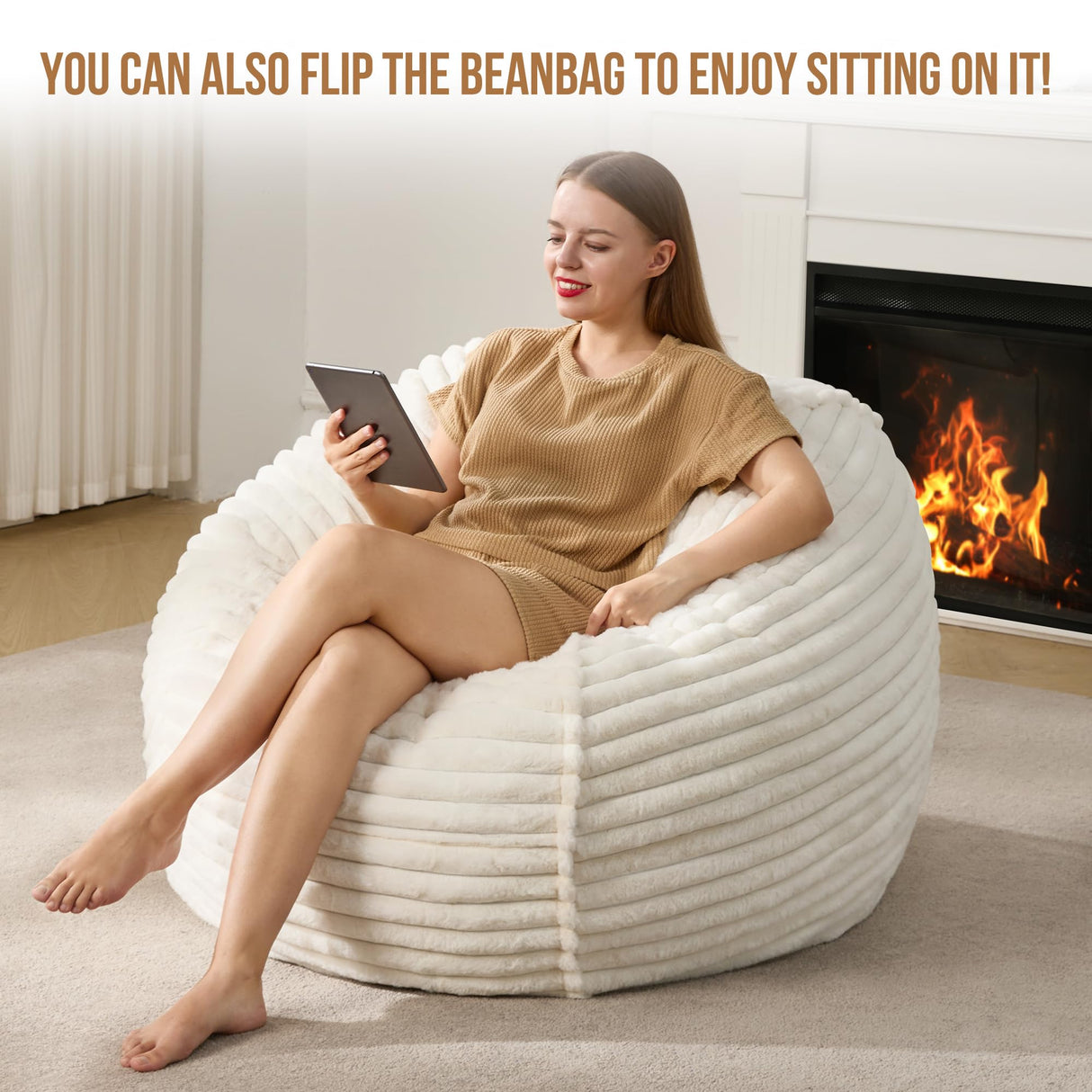 Hobestluk 3ft Bean Bag Chairs for Adults Large Beanbag Chair with Stripe Plush Cover Big Bean Bag Chair for Living Room Bedroom Dorm Office - White (36” x 36” x 22”) Hobestluk