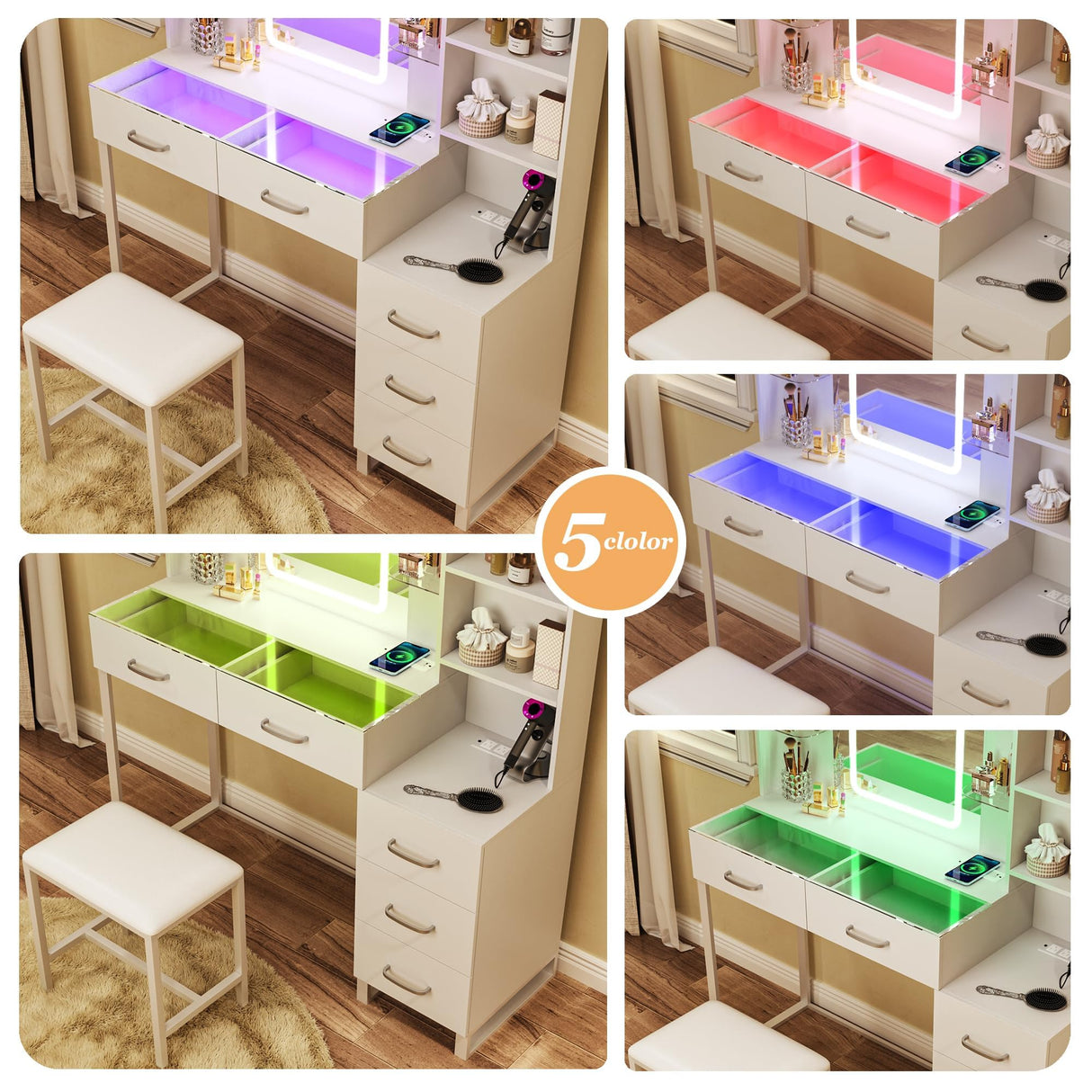 HUAHUU Vanity Desk with Mirror and LED Lights, 57.5" Makeup Vanity with Glass Top & Wireless Charging, Vanity with RGB Drawers, 3 Colors Light, Power Outlet Safety Switch for Bedroom, White HUAHUU