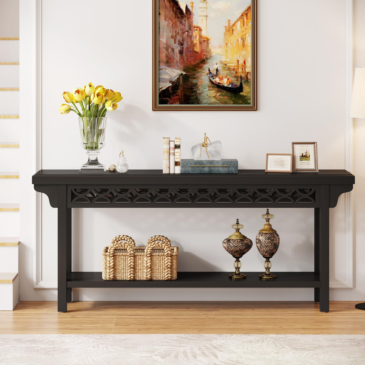 Tribesigns 70.8-Inch Solid Wood Long Console Table, Farmhouse Entryway Table with Storage, Narrow Sofa Table Grey Couch Table for Living Room Entryway Hallway (Black) Tribesigns