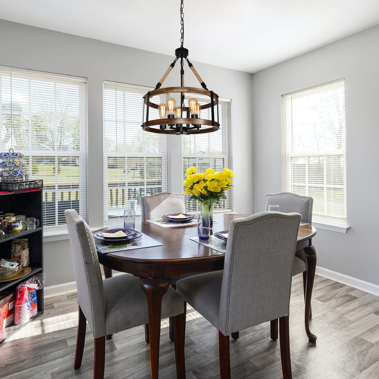 Voguad Rustic Wood Chandelier for Dining Room 5-Light, Kitchen Island Industrial Pendant Light Vintage Hanging Dining Room Farmhouse Light Fixtures Voguad