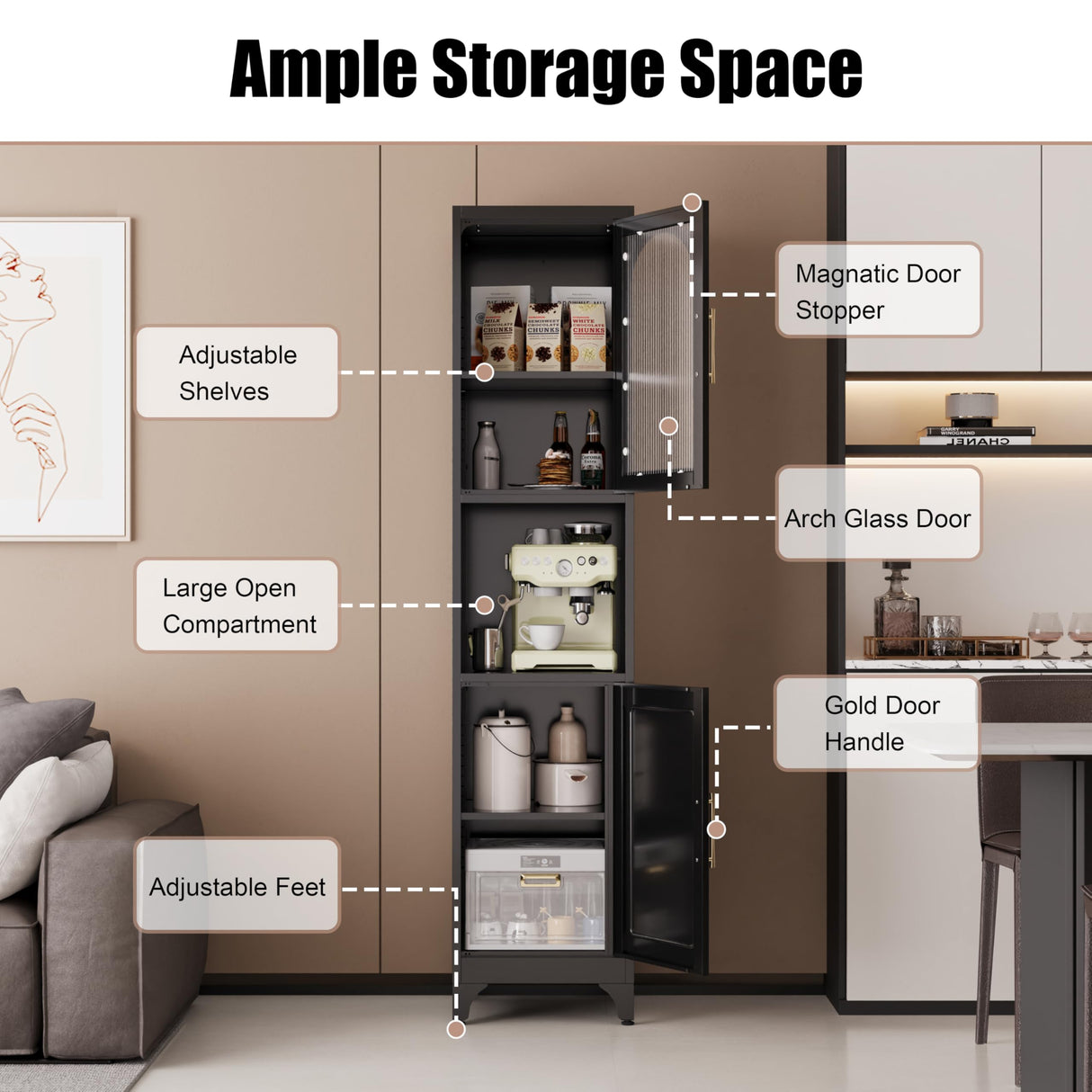 75"H Tall Bathroom Storage Cabinet, Metal Cabinets with Open Compartment, Narrow Storage Cabinet with Doors and Adjustable Shelves, Black Kitchen Pantry, Slim Storage Locker for Bathroom, Living Room MetalMax