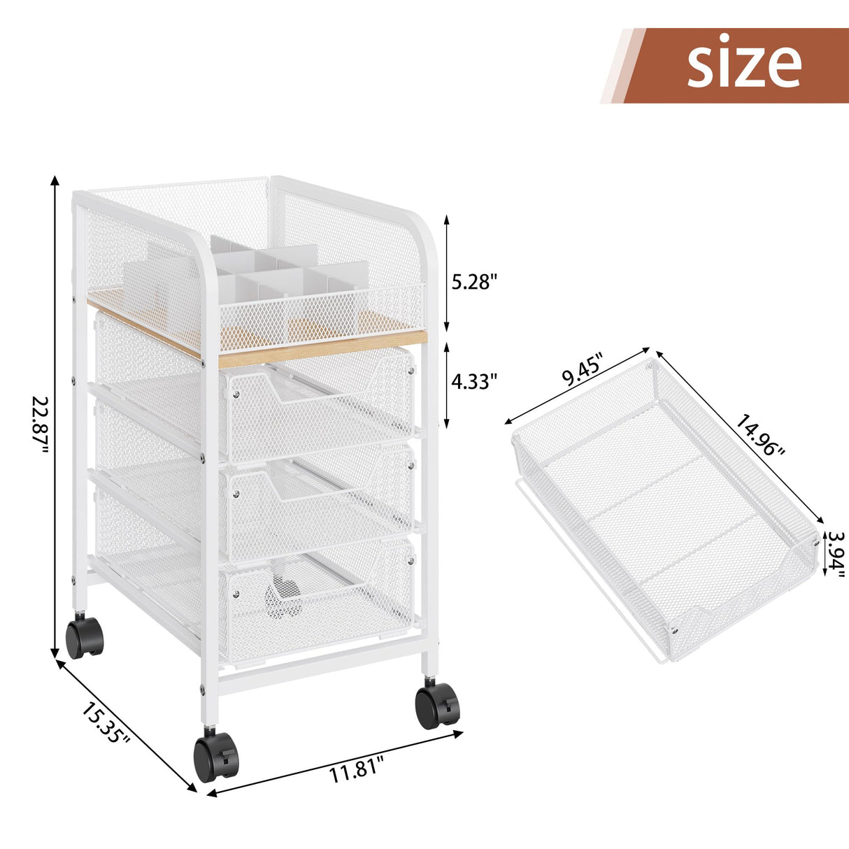 Rolling Makeup Cart Organizer with 3 Drawers, 4-Tier Narrow Floor Skincare Organizers with dividers, Vanity Organizer Cosmetics Display Cases for Makeup Brush, Hair Tool, White Jakyitvi