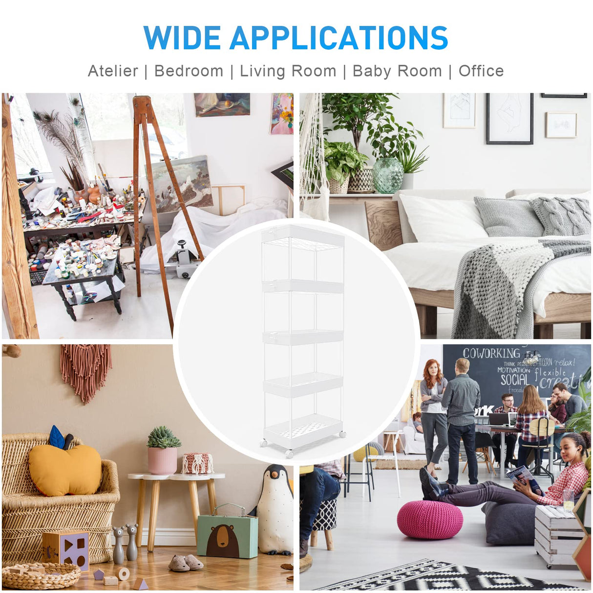 SPACEKEEPER 5-Tier Storage Cart Organizer Rolling Utility Cart, Mobile Shelving Unit Slide Out Storage Shelves for Kitchen Living Room Bathroom Laundry Room & Dressers, White SPACEKEEPER