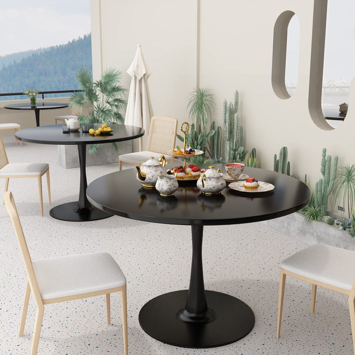 DKLGG Black 42.1" Round Tulip Dining Table for 4-6 People – Modern Mid-Century Kitchen & Coffee Table DKLGG