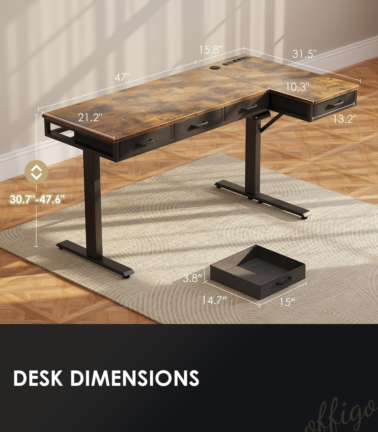 OffiGo 63 Inch L Shaped Electric Standing Desk with Drawers, Height Adjustable Large Desk with Power Outlets, Sit Stand Table, Writing Computer Desk for Home, Office, Workstation, Rustic Brown OffiGo