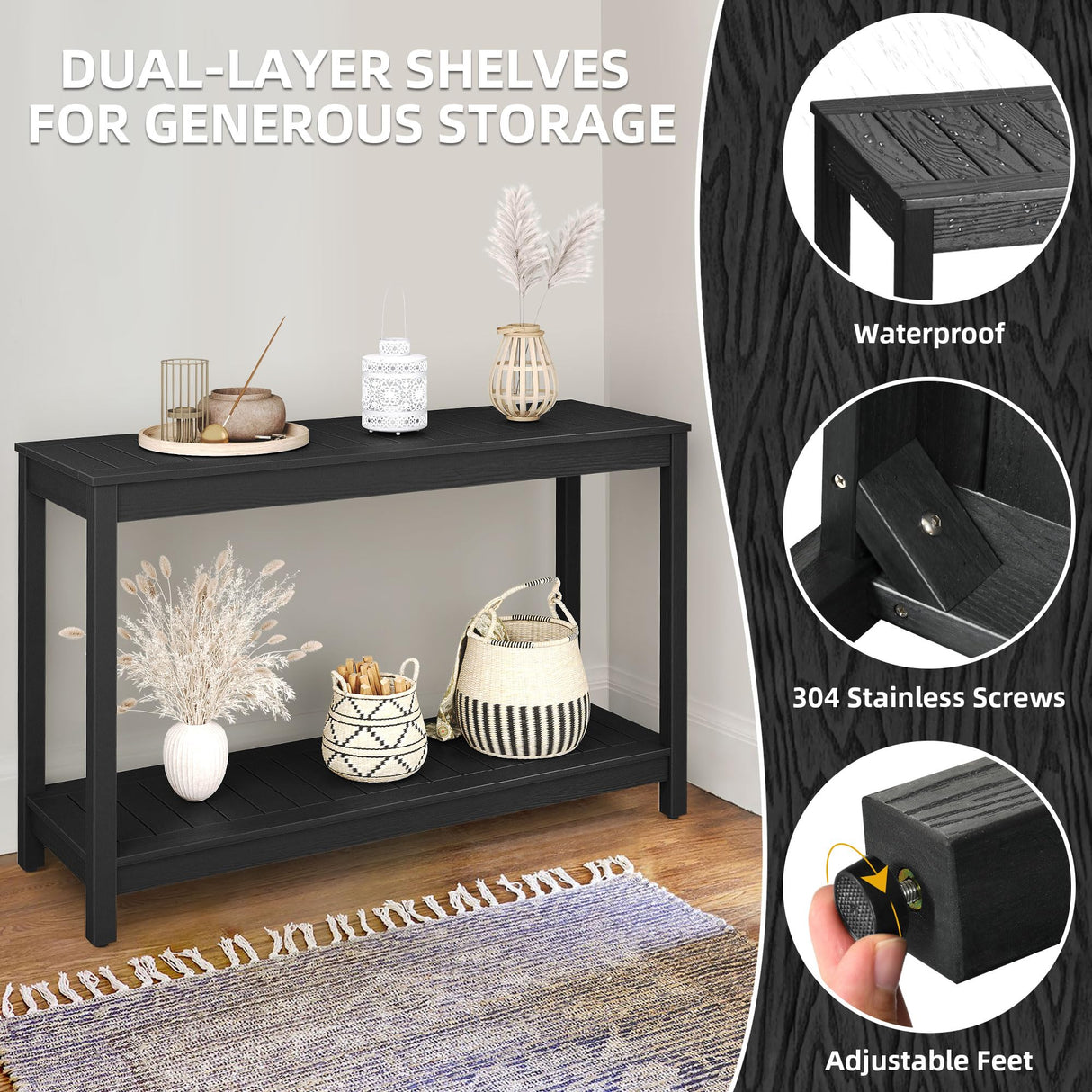 DWVO 48" Outdoor Bar Table Console Table, HIPS Material Indoor Outdoor Multifunctional Buffet Bar Storage Organizer with Adjustable Feet (Black) DWVO