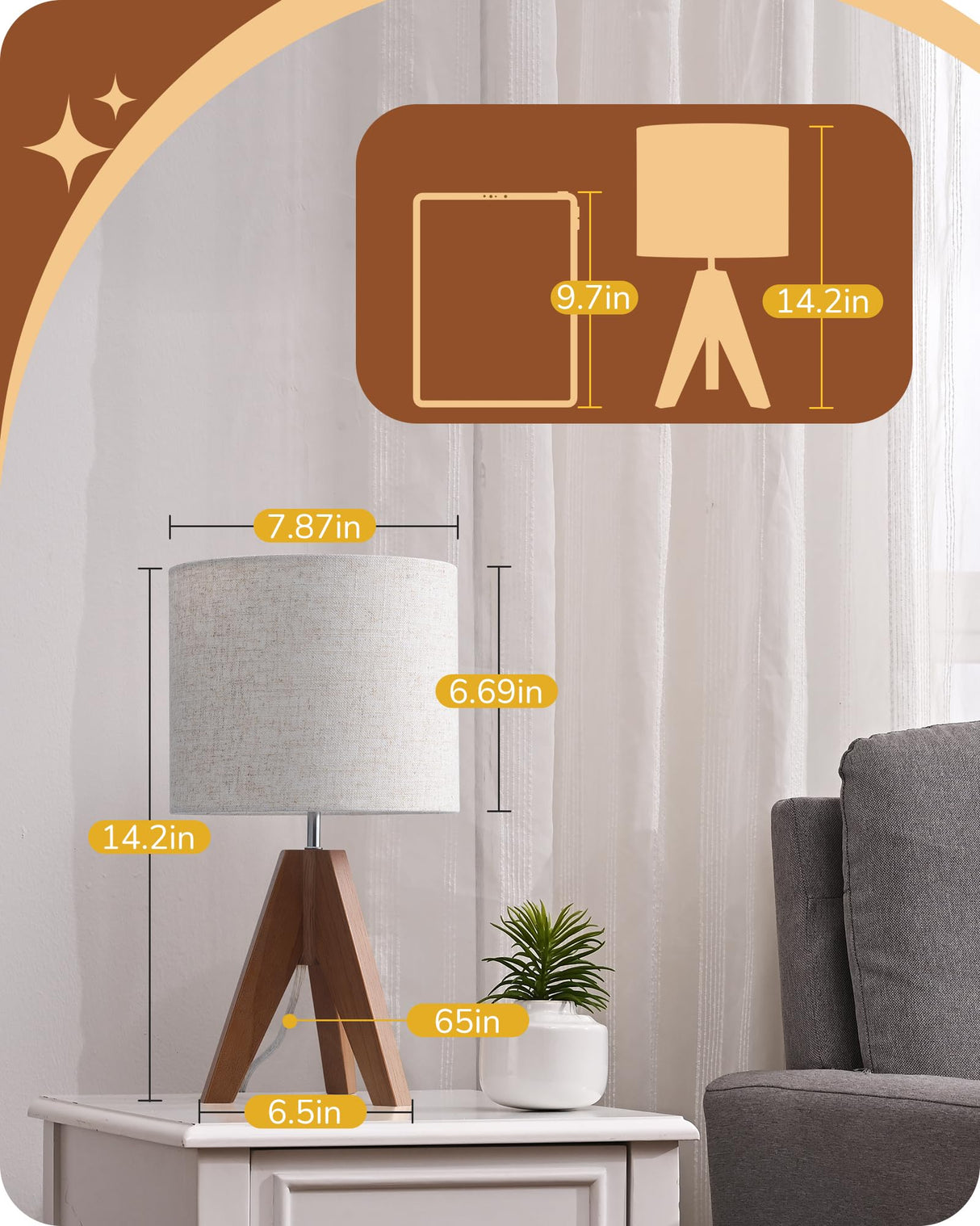 EDISHINE Small Table Lamp, Wooden Tripod Bedside Lamp with Linen Fabric Lampshade, 14.2" Nightstand Lamp for Bedroom, Living Room, Office, 2 Pack EDISHINE