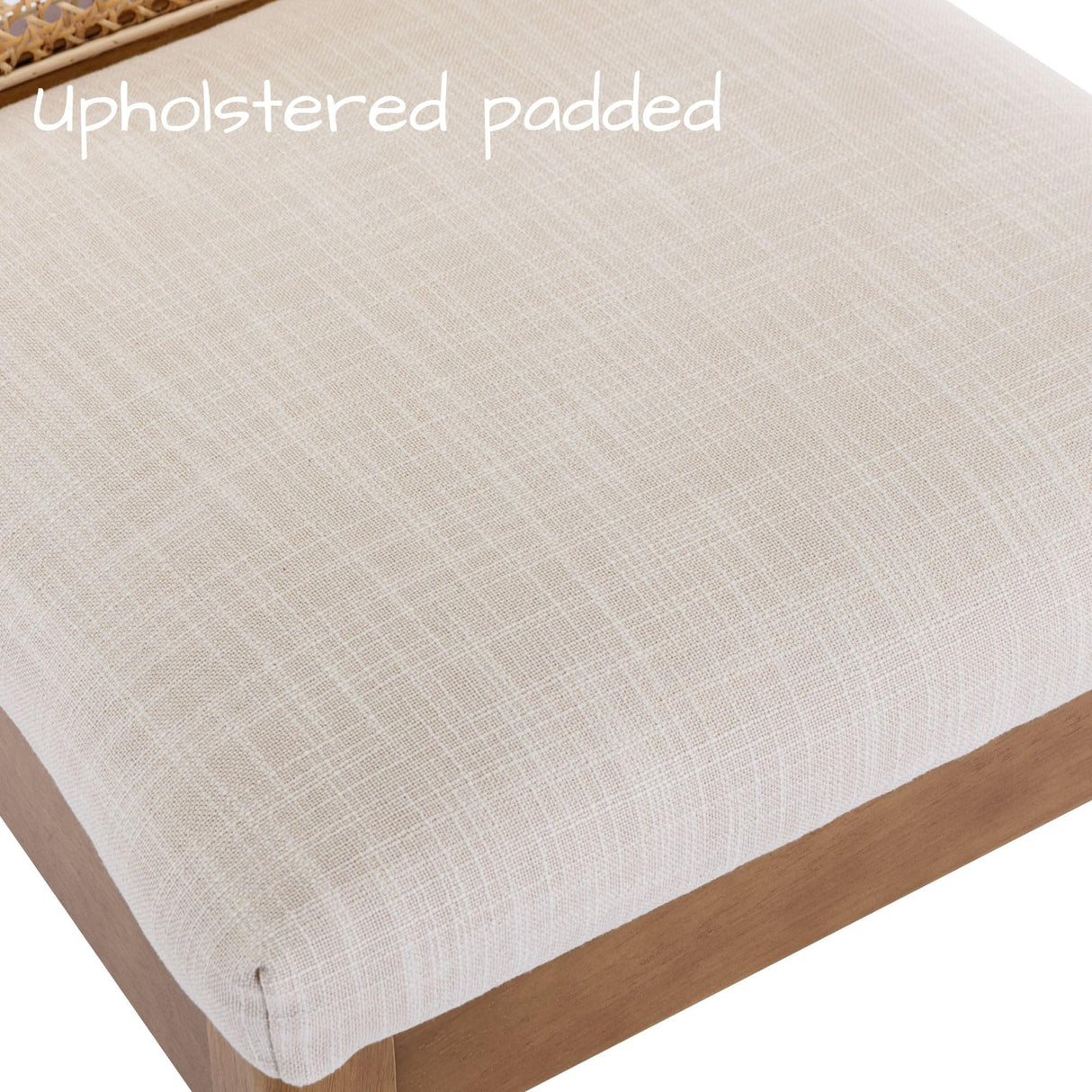 BESTANO Rattan Dining Chairs Set of 4 Natural Wooden Dining Room Chairs Rectangle Cane Country Kitchen Chairs Linen Upholstered Dining Chairs, Cream BESTANO