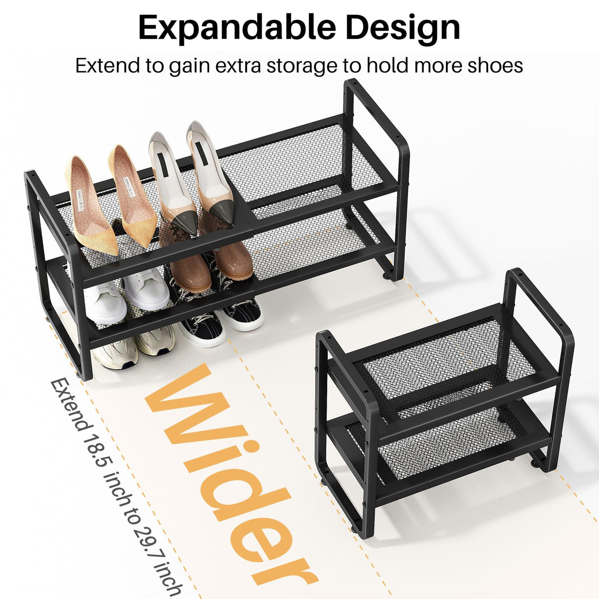 Shoe Rack - Expandable Shoe Organizer for Closet, Adjustable Metal Shoe Shelf Storage, 2 Tier Stackable Long Shoe Stand Holder for Garage, Entryway, Door Entrance, Black SNTD
