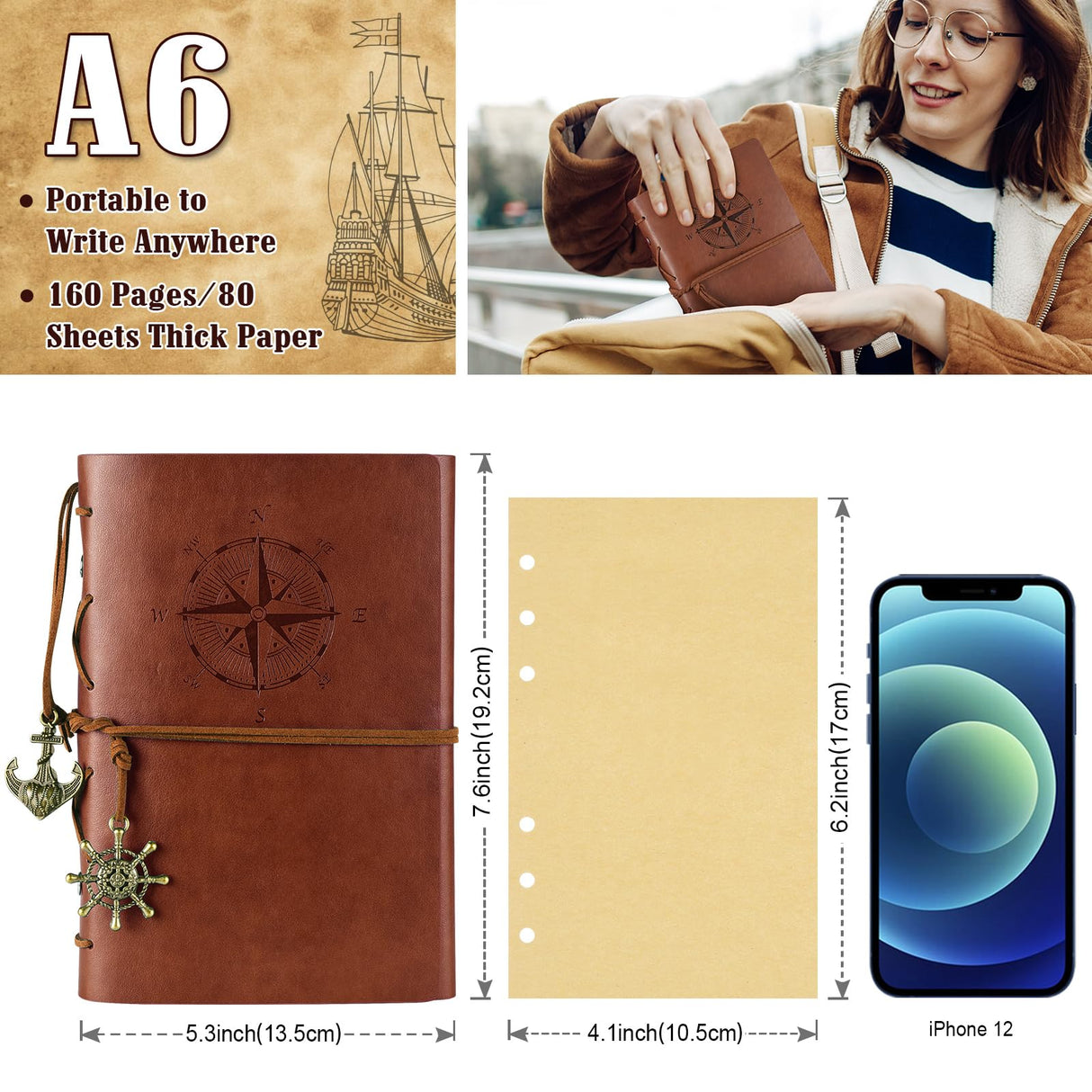 MALEDEN Leather Journal Refillable, Premium Spiral Notebook Classic Binder Vintage Embossed Travelers Journal with Blank Paper and Retro Pendants (Red) MALEDEN