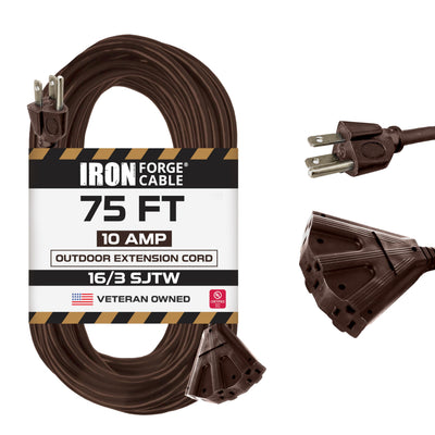 Iron Forge Cable 75 Ft Brown Extension Cord with 3 Outlets - 16/3 SJTW Weatherproof Outdoor Extension Cord with Multiple Outlets 3 Prong, Heavy Duty Wire 10 AMP for Garden, Lawn, Light Decoration