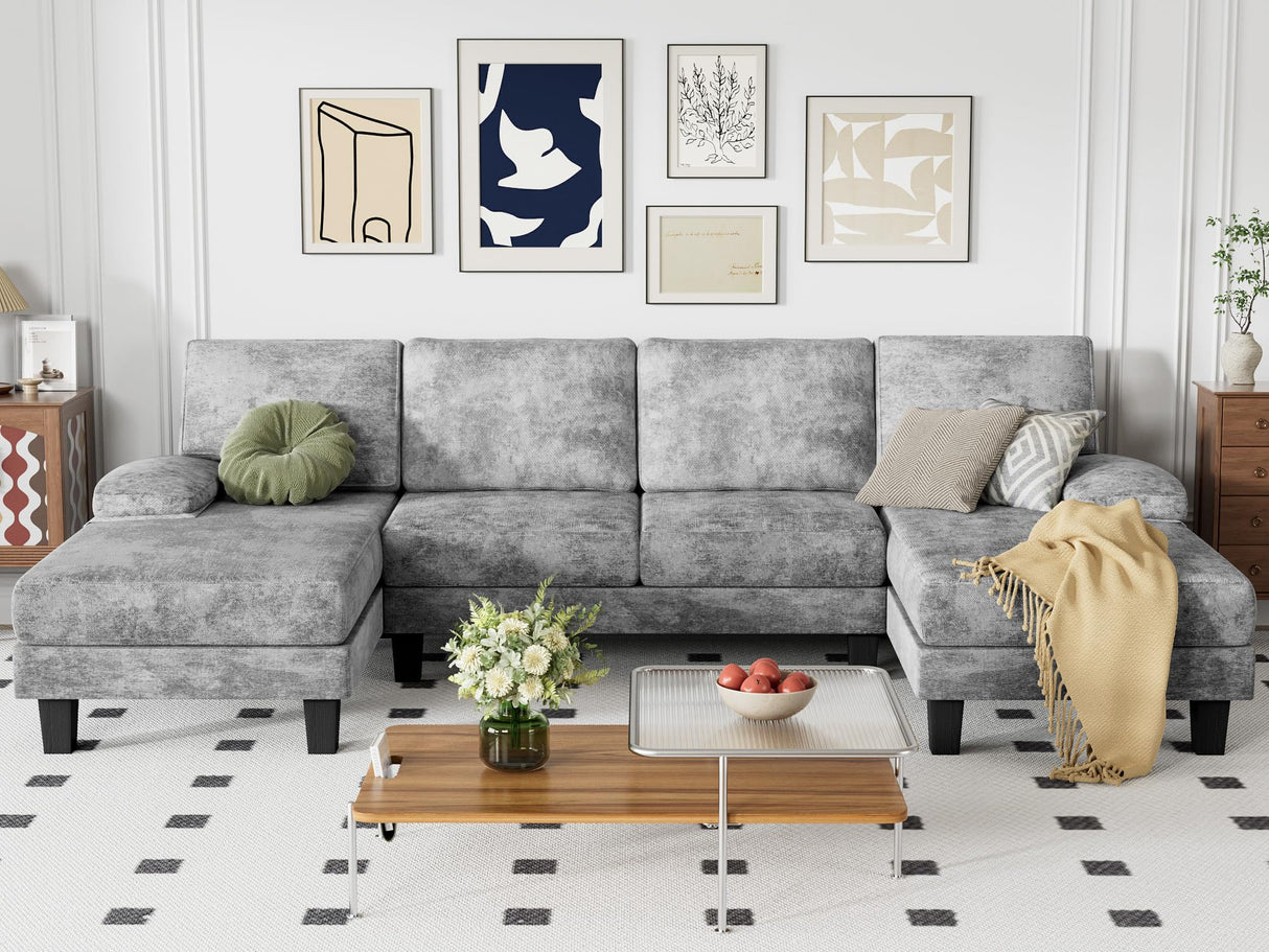 YESHOMY Convertible Sectional Sofa U-Shaped Couch with Soft Modern Cotton Chenille Fabric for Living Room, Oversized Seats with Comfortable Backrest, Gray YESHOMY