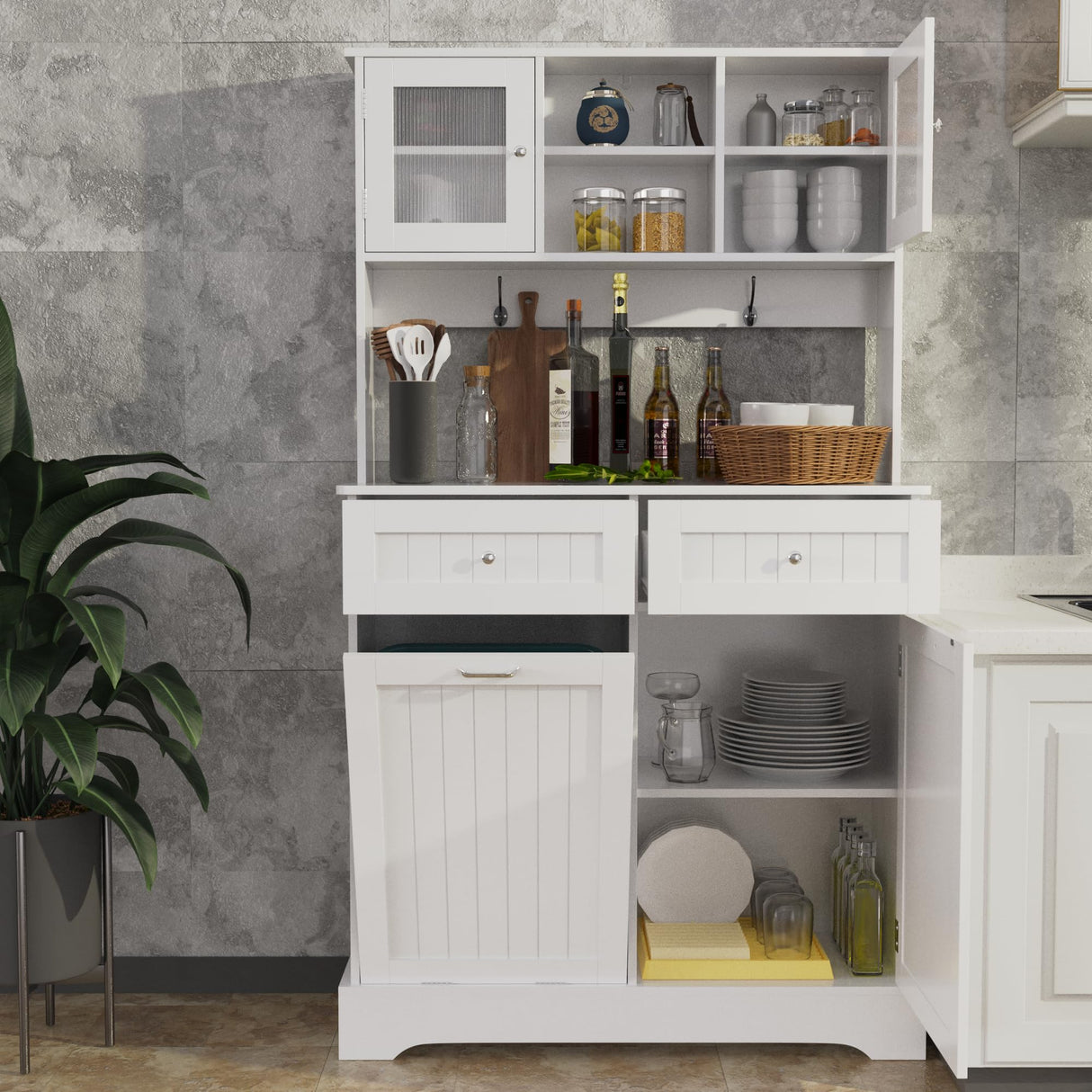 LOUVIXA 68.4" Kitchen Pantry Storage Cabinet, Freestanding Cupboard with 3 Cabinets, 2 Drawers and 1 Tilt Out Trash Cabinet, Tall Storage Cabinet for Kitchen, Dinning Room, Living Room (White) LOUVIXA