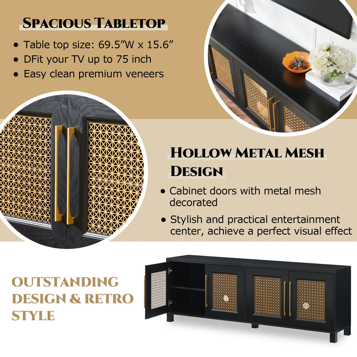 JYED Mid Century Modern TV Stand for TVs up to 75", with Gold Hollow Metal Mesh Decorated, Boho TV Console with Storage Cabinets, Black TV Stand for Living Room, 69.5"x15.6"x24.8" JYED DECOR