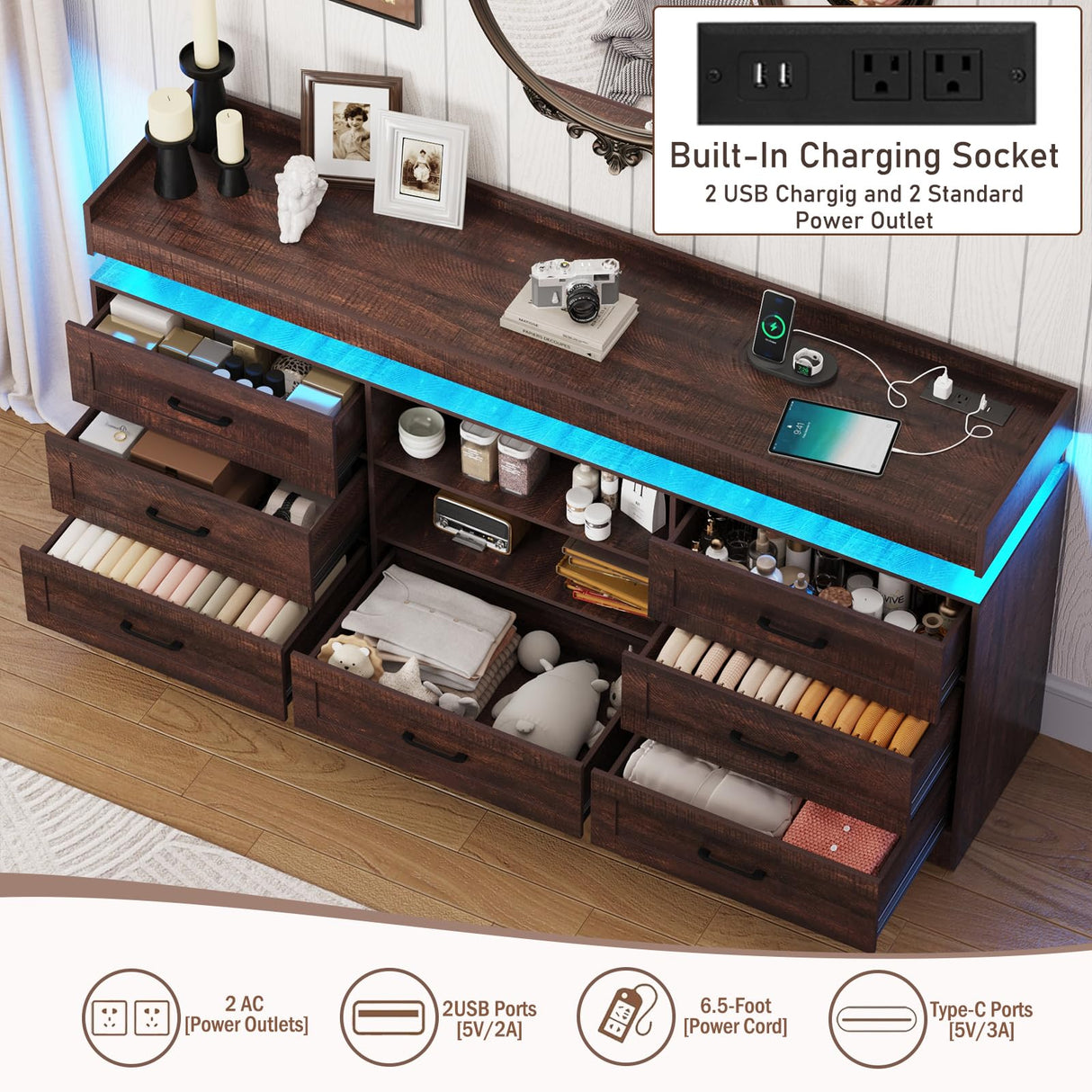 70" Large Farmhouse 7 Drawers Dresser for Bedroom with LED Light and Power Outlets + 2 Open Storage Shelves,Wide 7 Chests of Drawers for Closet,Storage Dressers Organizer for Bedroom(Antique Brown) Hlivelood