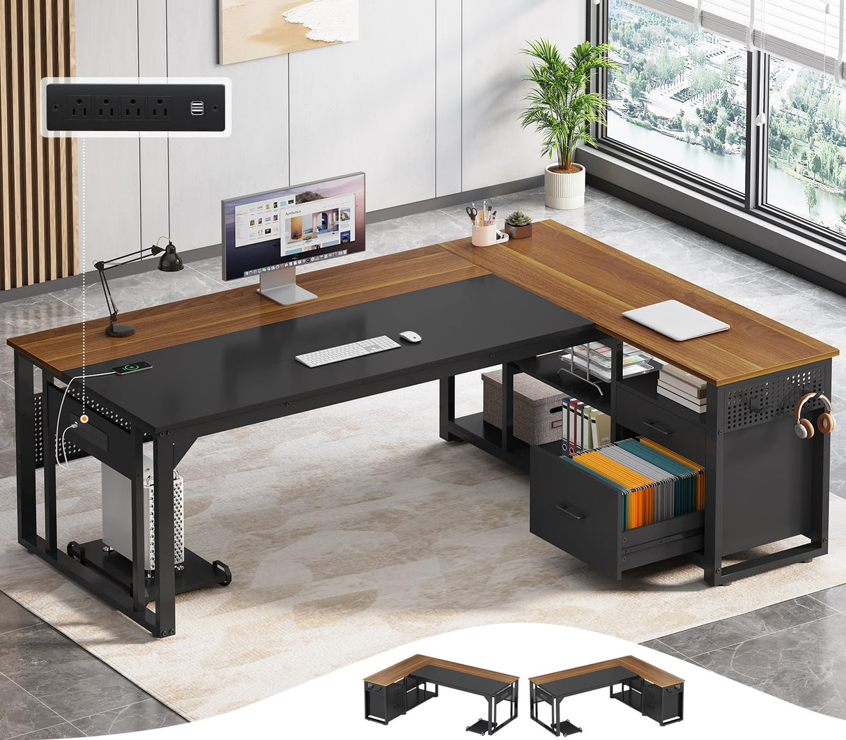 UPOSOJA 71 in Executive Desk with Power Outlets, Reversible L Shaped Computer Desk with File Drawers & Storage Shelves, Large Office Desk with Pegboard, Mobile CPU Stand, Modern Corner Desk (Walnut) UPOSOJA