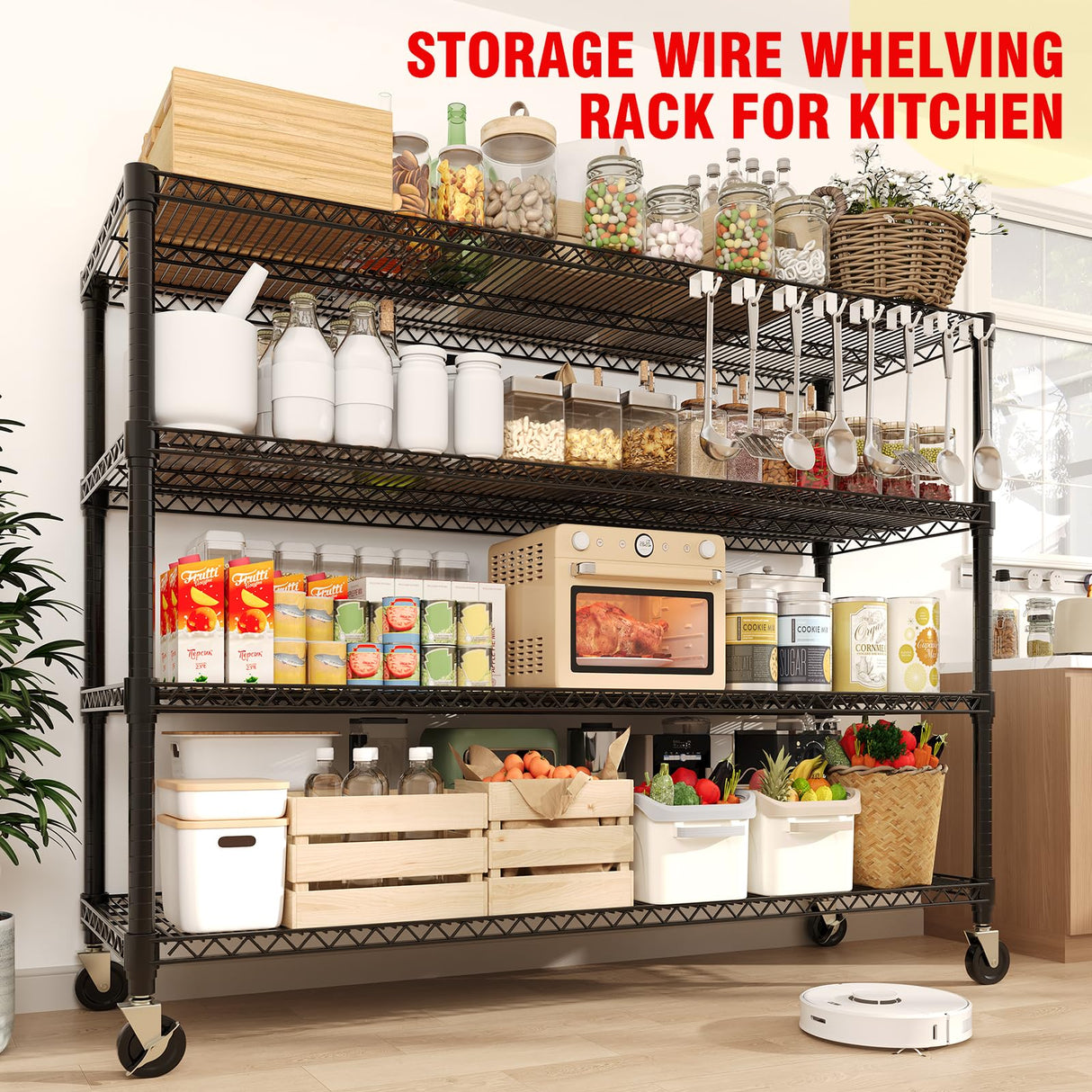 71"H x 59"W Storage Shelves 2640LBS Wire Shelving Rack with Wheels, 4-Tiers Heavy Duty Garage Shelving Metal Storage Shelves with Adjustable Shelf, for Kitchen Pantry Garage Commercial Industrial Tioutbot