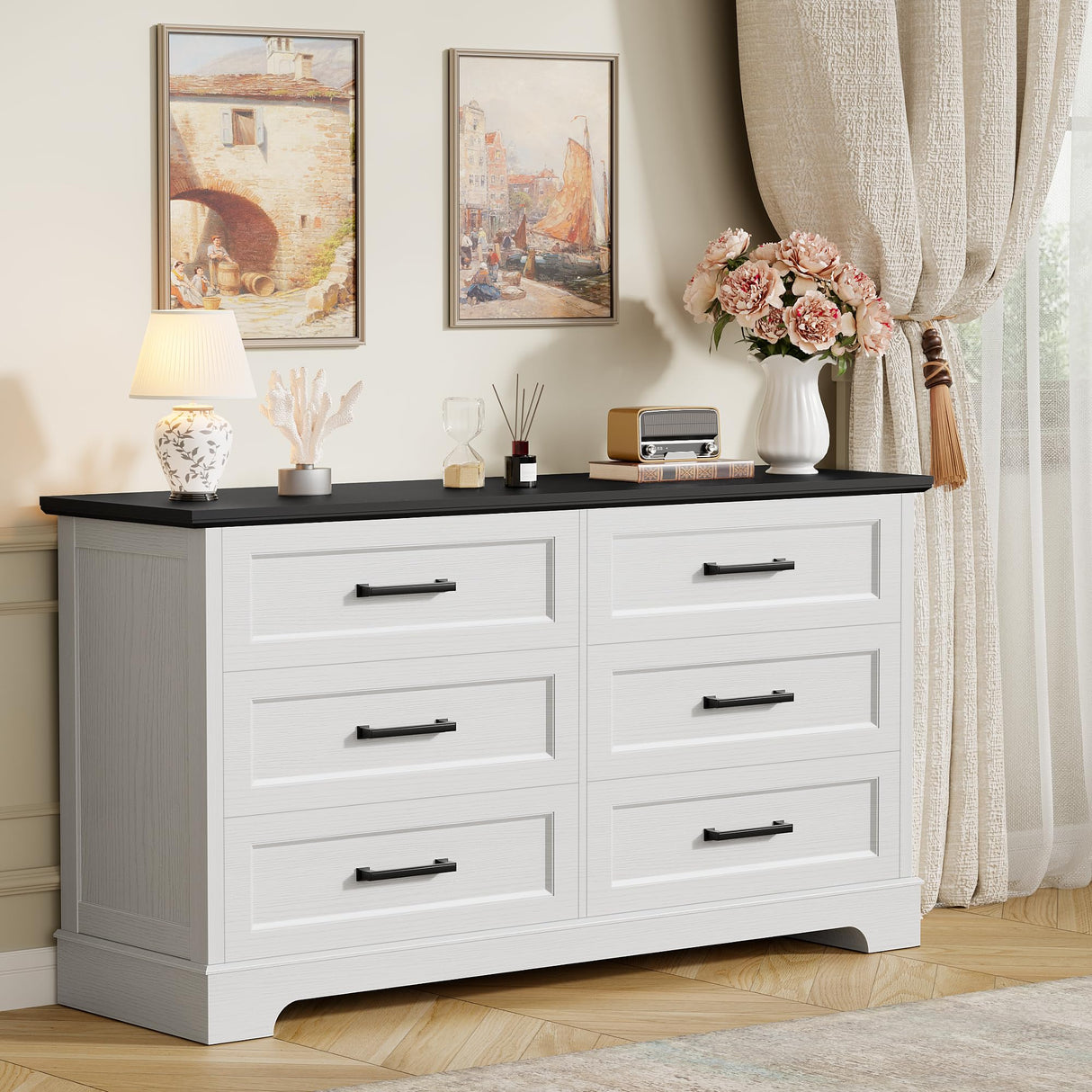 Furmax Farmhouse Dresser for Bedroom, 6 Drawers Dresser, Wood Chest of Drawers, 52" Wide Storage Dressers Organizer for Bedroom, Living Room, White and Black Furmax