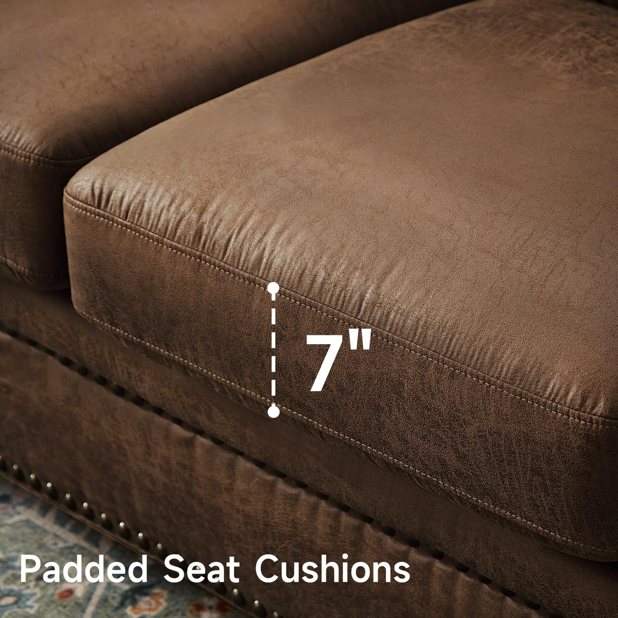 ONBRILL 84" Faux Leather Couch, Mid-Century Modern Couch w/Brass Nailhead Trim, 3 Seater Sofa Couch w/Rolled Arm, Pocket Spring Cushions, Gourd Feet, Dark Brown Couch Leather Sofas for Living Room ONBRILL