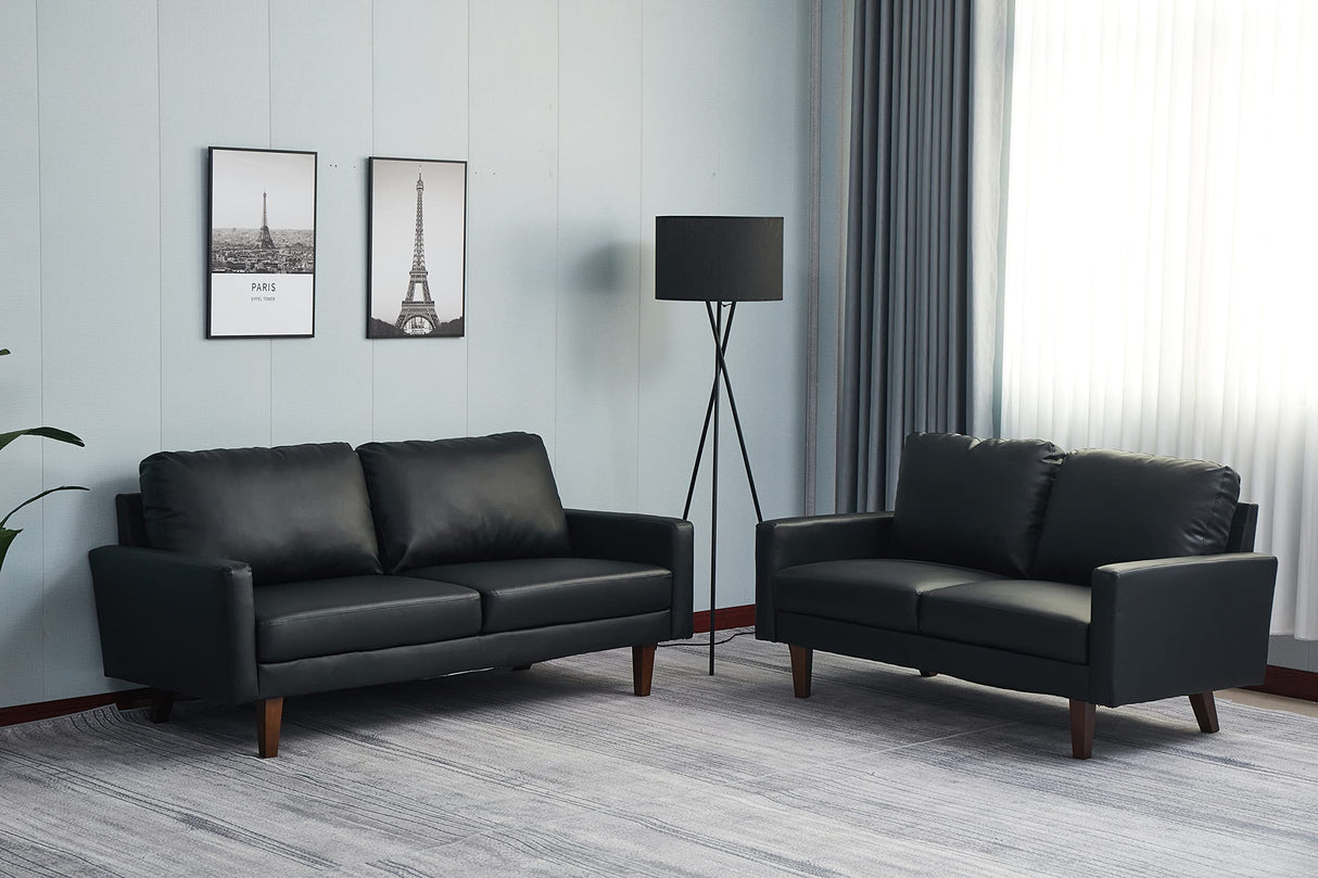 INSTORY Leather Sofa Modern Couch with Wooden Legs for Living Room, Office - Black INSTORY