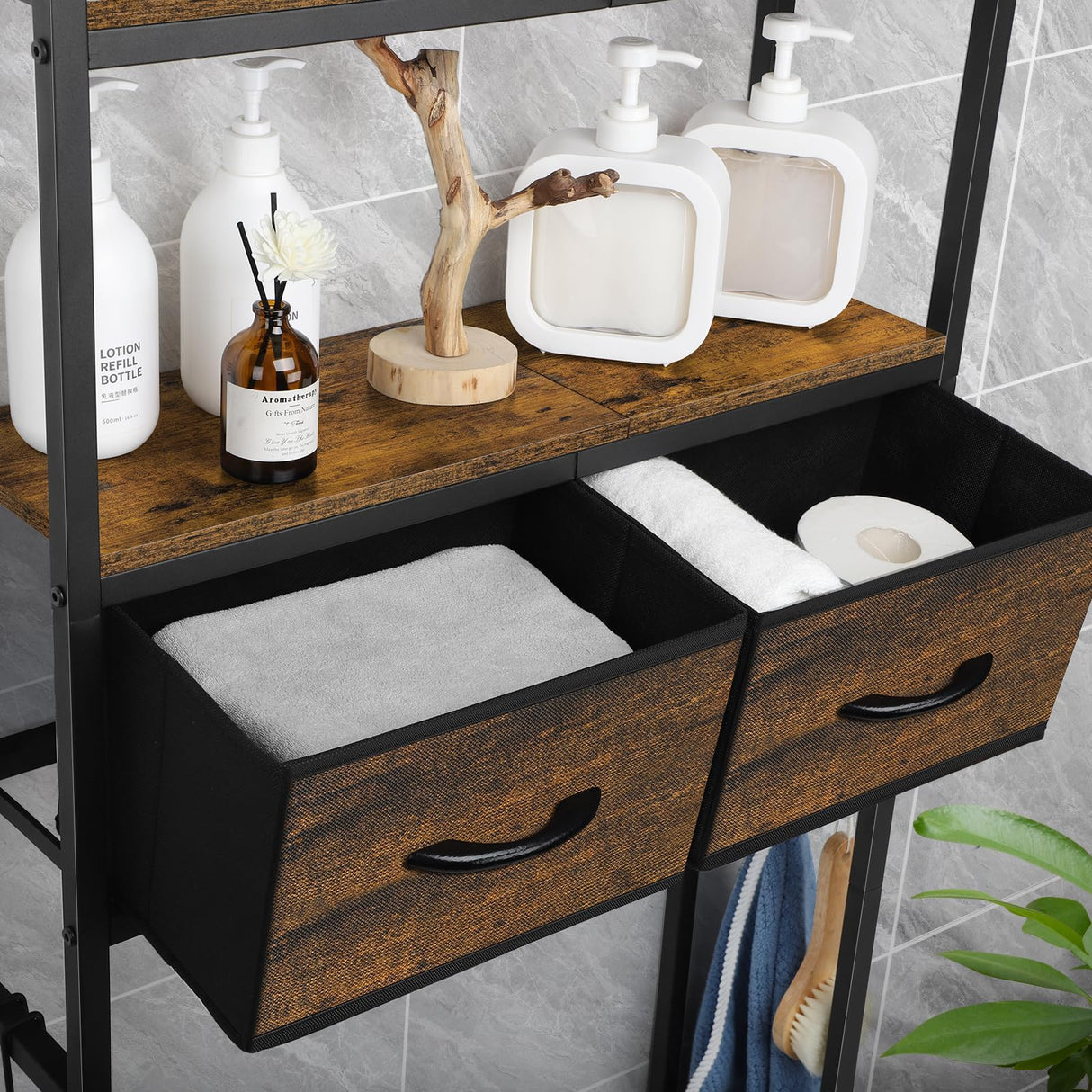 ETELI Over The Toilet Storage Cabinet with Fabric Drawers Bathroom Storage Over Toilet Fit Most Toilets, Rustic Brown ETELI