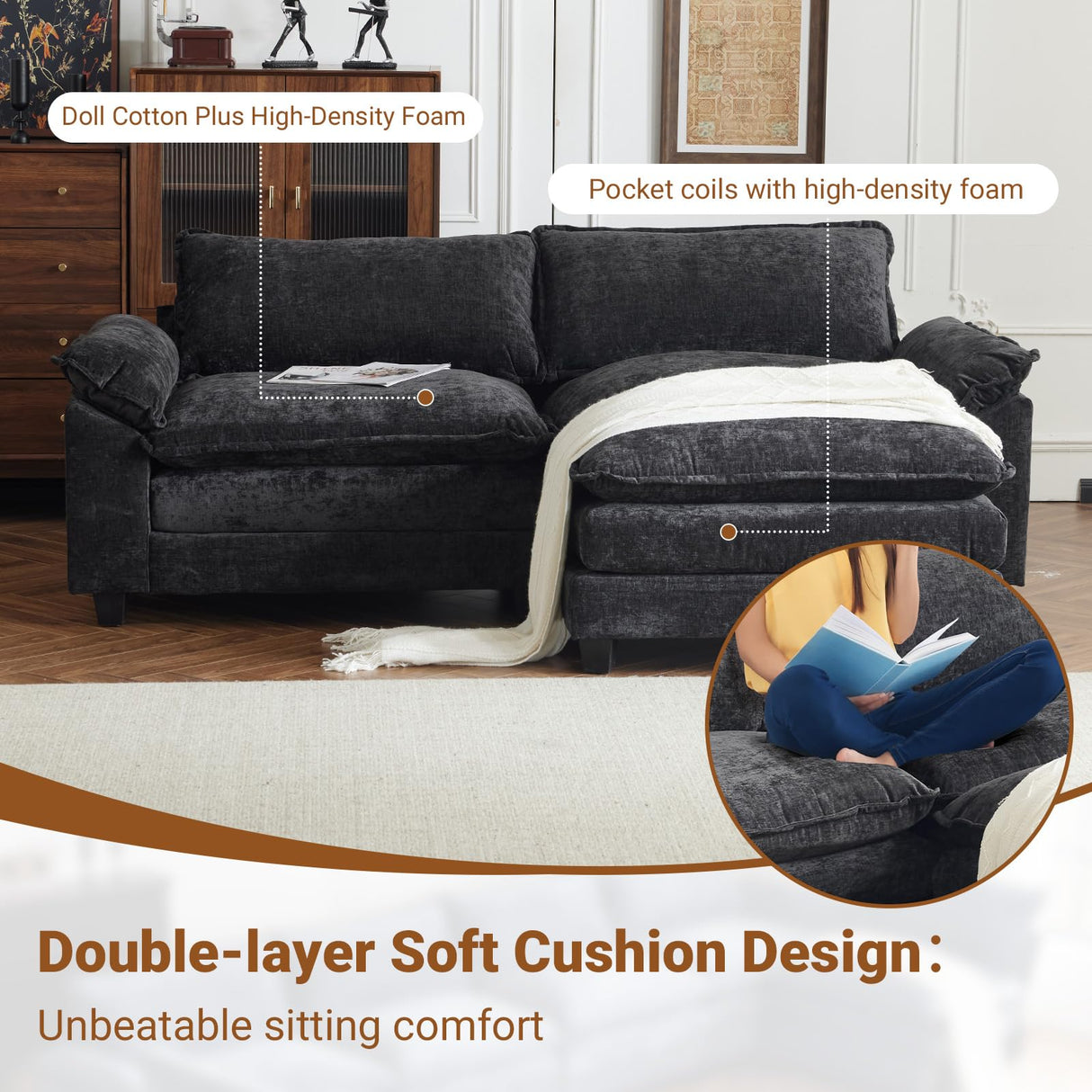 VINGLI 87" Convertible Sectional Sofa,L-Shape Deep Seat Sofa Couch for Living Room,Modern Chenille 2 Seat Loveseat Sofa with Ottoman for Small Space(Black, 87") VINGLI