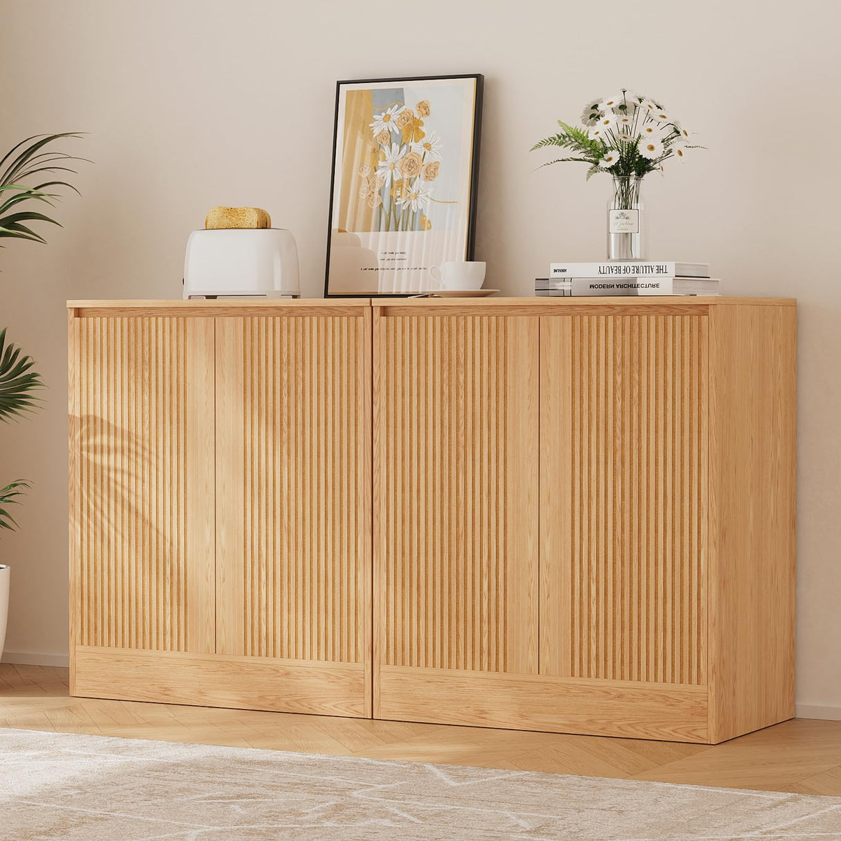 TUSY 4-Piece Large TV Stand with Bookshelves for TVs up to 75", TV Hutch with Tempered Glass Doors and Shelves, TV Entertainment Center Media Center with 2 Tall Cabinets for Living Room (D+2G+D) TUSY