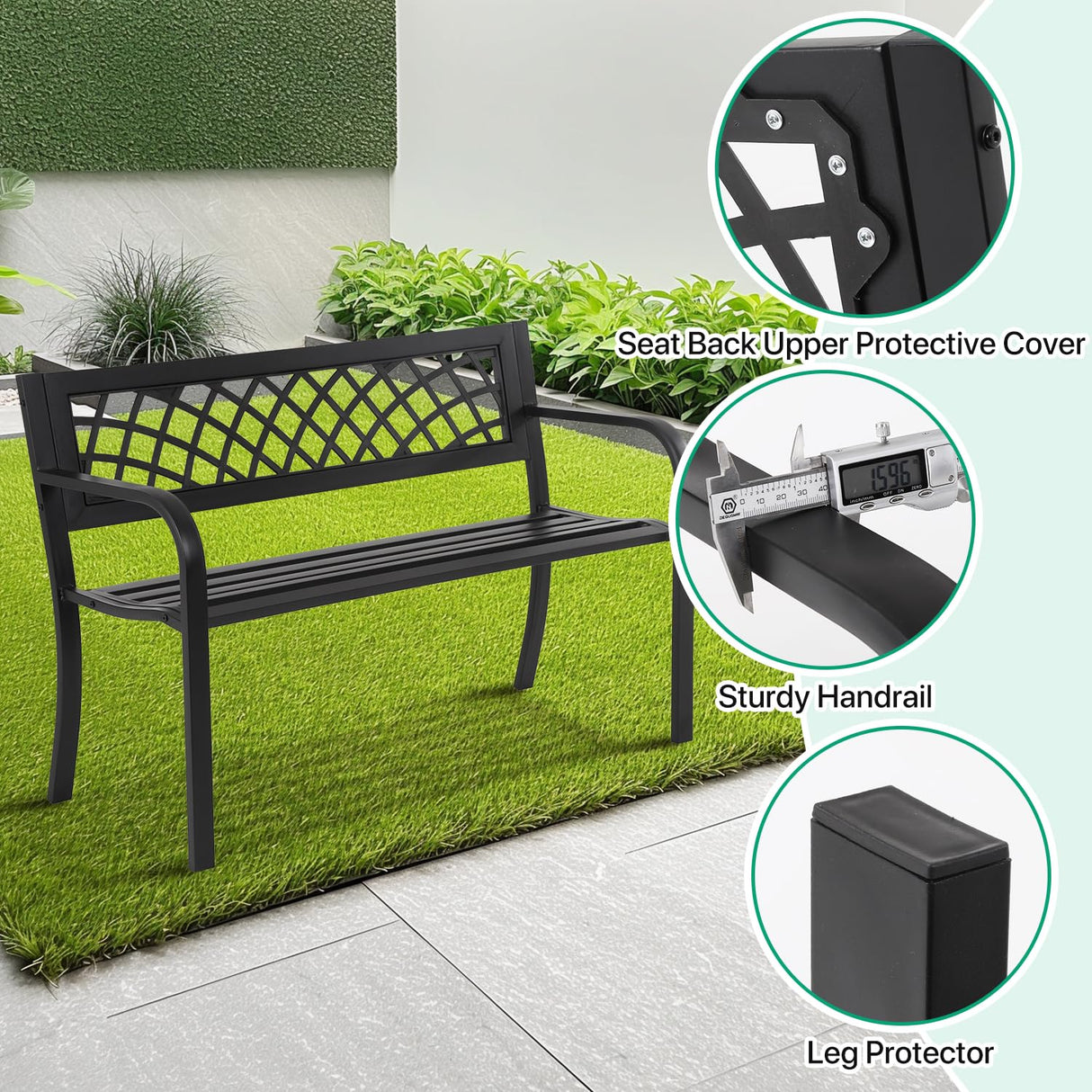 Dkeli Patio Outdoor Bench Park Metal Sturdy Cast Iron Garden Benches Porch Chair Seat Furniture with Armrests 480BLS Bearing Capacity for Park Yard Deck Entryway, Black Dkeli
