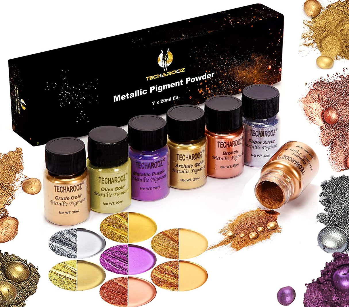 TECHAROOZ Metallic Pigment Powder, 7x20ml Fine Metal Dye for Epoxy Resin, UV Resin, Countertops, Soap Making, Slime, Candles DIY Acrylic Paints & Other Craft TECHAROOZ