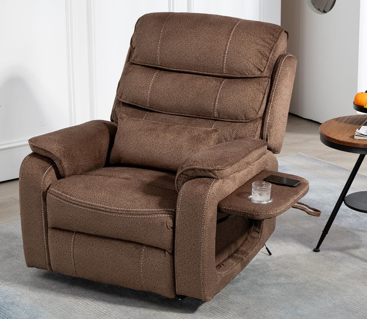 Brown Recliner Chair for Elderly | Tall and Big Man 400lbs | Chenille | Power Lift, Lay Flat, Stand Up, Wireless Charging Device, Extended Footrest, Massage Heat, Cup Holder, Lumbar Pillow LITVZ