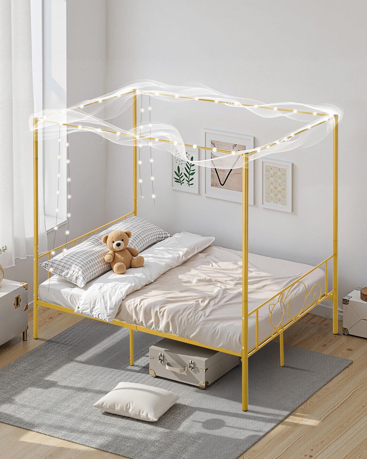 VEVOR Canopy Bed Frame Full Size, Metal Canopy Bed with Minimalist Headboard & Four Posters Design, Heavy Duty Steel Slats Support, Underbed Storage Space, No Box Spring Needed, Easy Assembly, Gold VEVOR