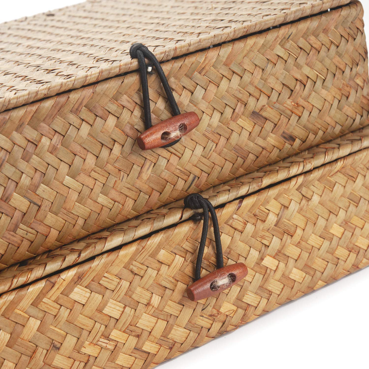 Flat Seagrass Storage Bins with Lid, Wicker Basket for Shelf Organize, Set of 2 (Small+Large) DOKOT