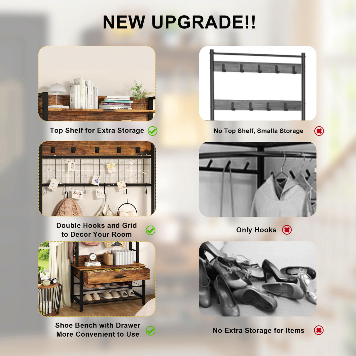 Recaceik Hall Tree, Entryway Coat Rack with Drawer, Industrial 5 In 1 Entryway Bench with Storage Shoe Rack and 12 Hooks, Freestanding Home Organizer with Shelf & Grid Panel, Anti-dumping Recaceik