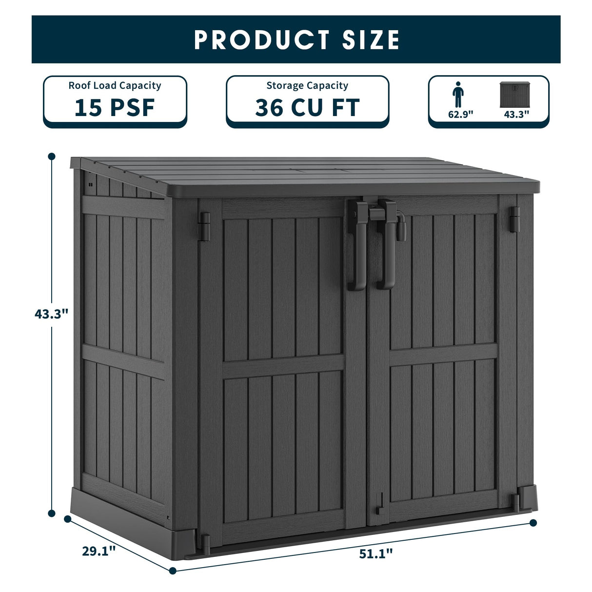 LHBGO Horizontal Storage Shed, Outdoor Resin Storage Shed 36 Cu. Ft. Garden Extra Large Capacity Weather Resistant Storage Box, Lockabl Waterproof Shed for Garbage Cans, Garden Tools,Black LHBGO