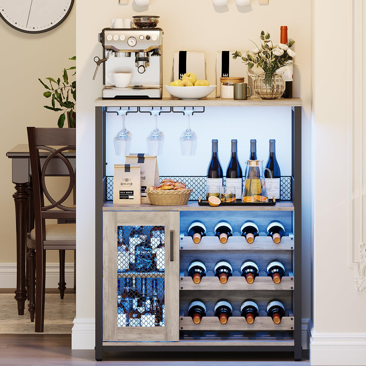 IDEALHOUSE Wine Bar Rack Cabinet with LED Light, Adjustable Shelves Coffee Bar Cabinet with Mesh Door and Baffle Design, 36 in Tall Small Liquor Bar Cabinet for Home, Kitchen, Dinning Room, Grey IDEALHOUSE