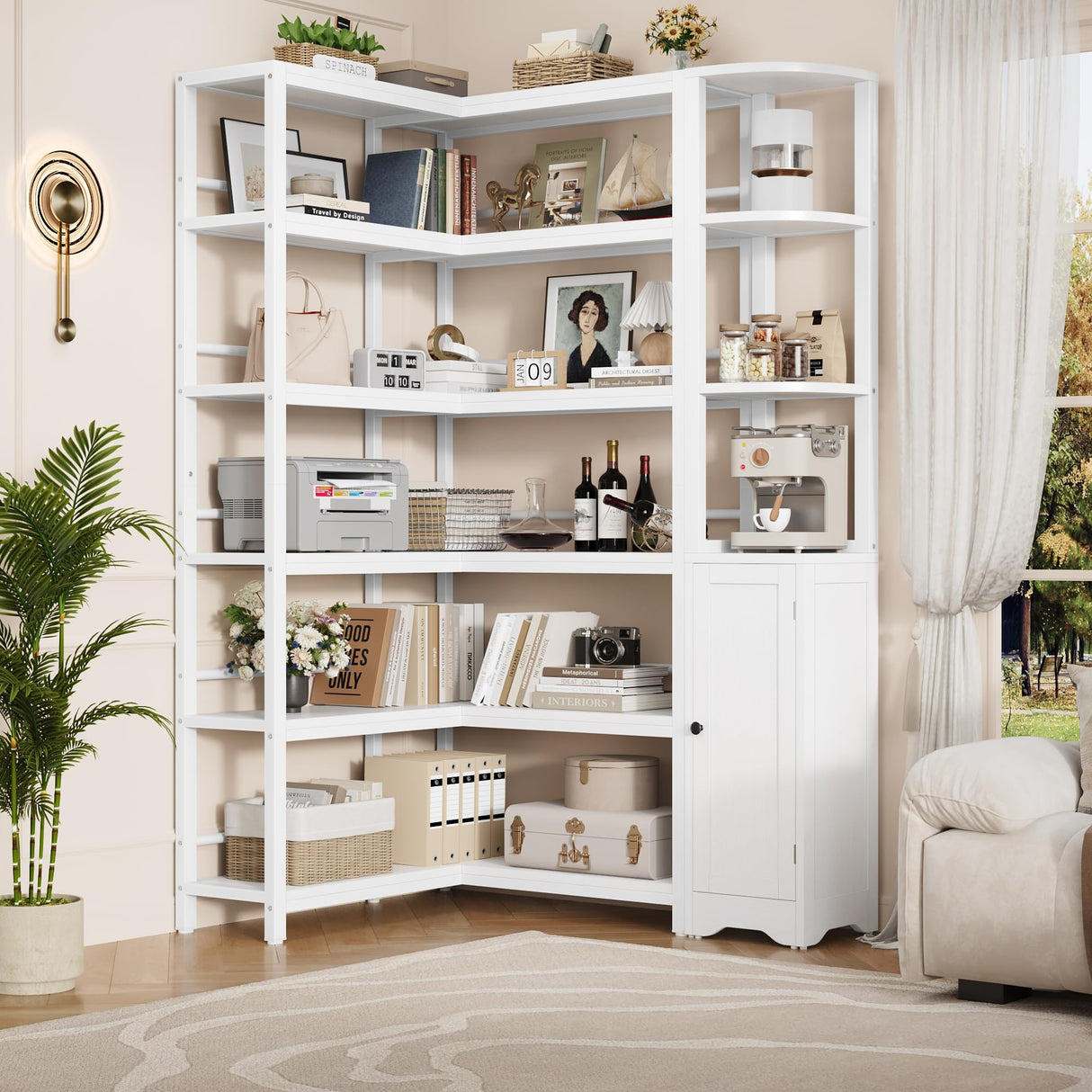 Keyluv 72" Tall Corner Bookshelf with Door, 6-Tier L Shaped Bookshelves and Bookcase with Storage Cabinet, 2 Pieces Individual Convertible Book Shelf, Display Shelf for Home Office Living Room, White Keyluv