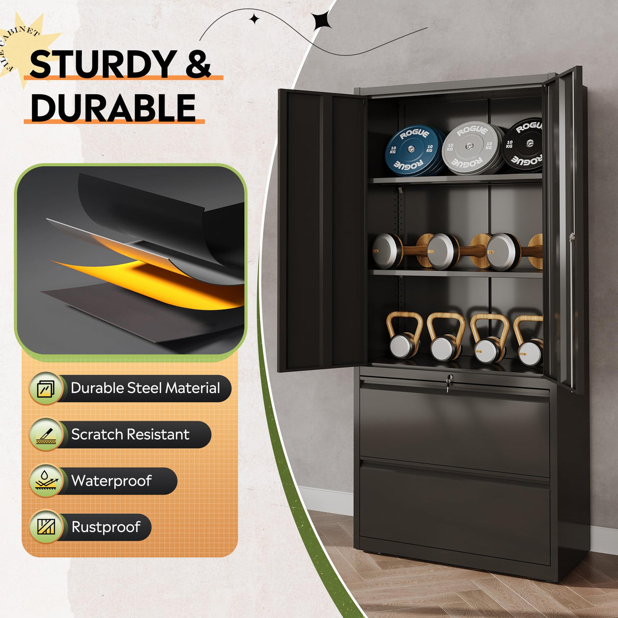 DEVAISE File Cabinet with 2 Drawers and Doors, Locking Metal Storage Cabinet with Adjustable Shelves for Home Office, Warehouse, Garage, School (Black) DEVAISE